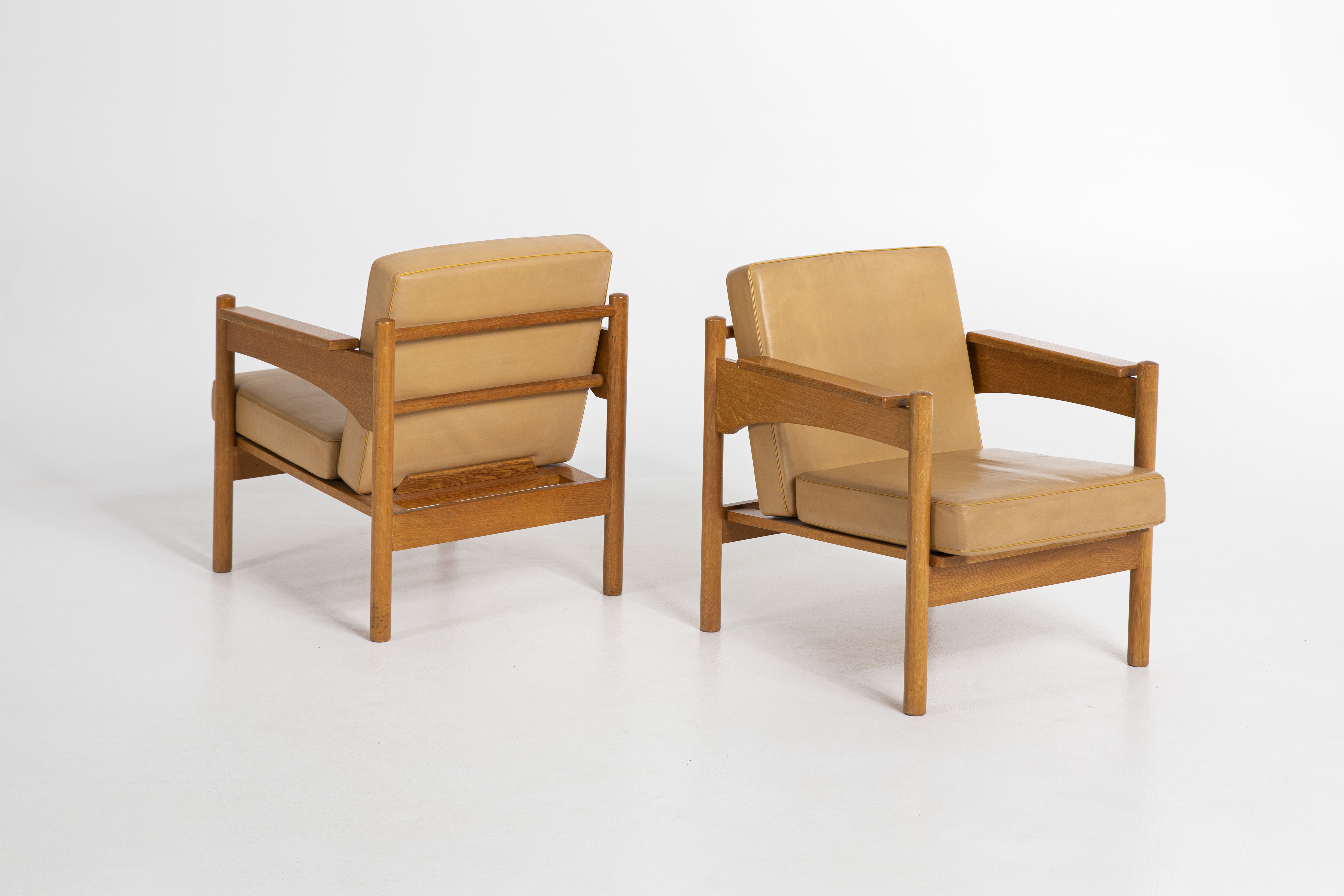Pair of Oak and Leather Armchairs by Uluv Krasna Jizba, 1960s