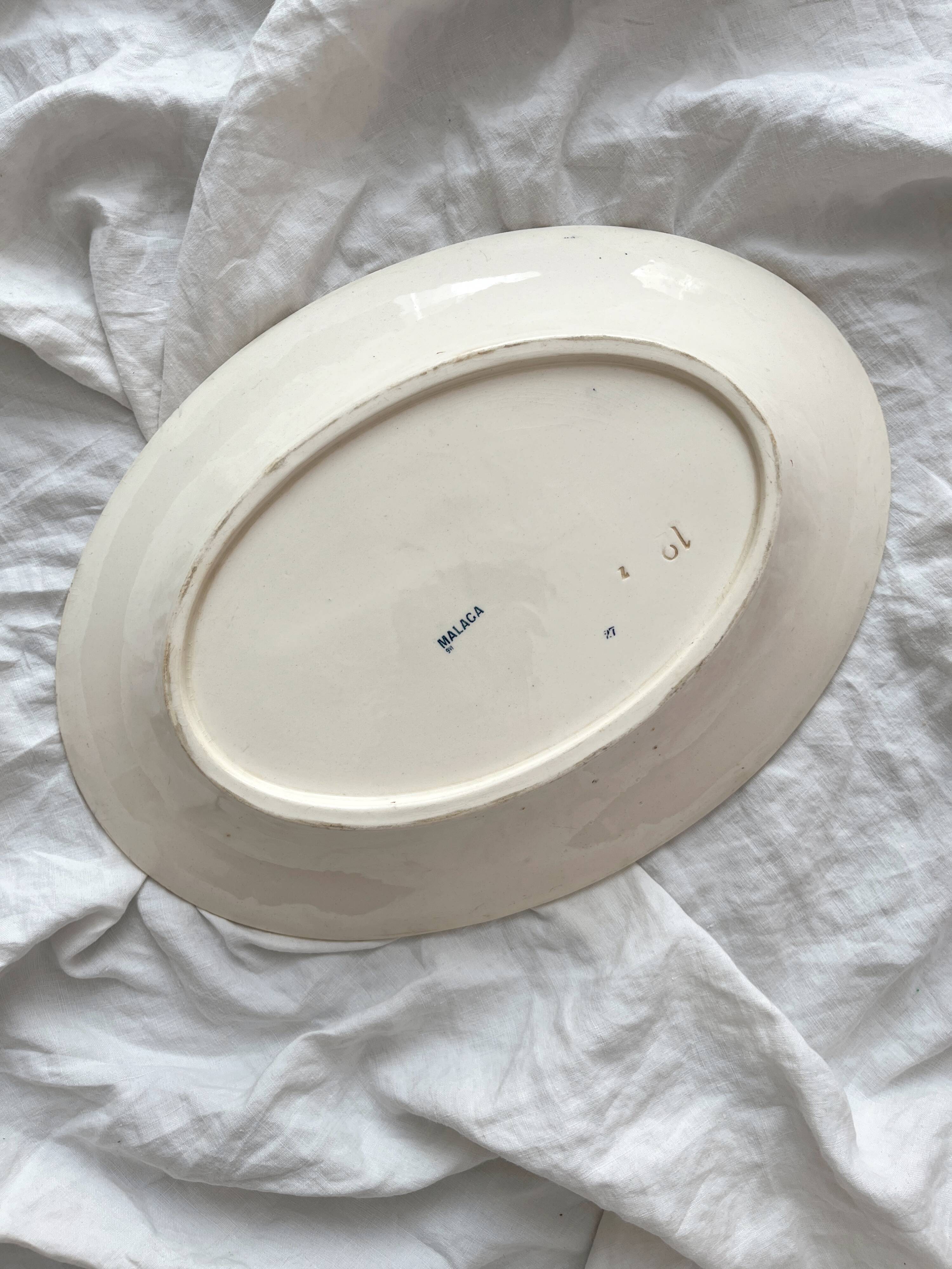 Oval ironstone dish with flowers and birds "Malaga" Petrus Regout