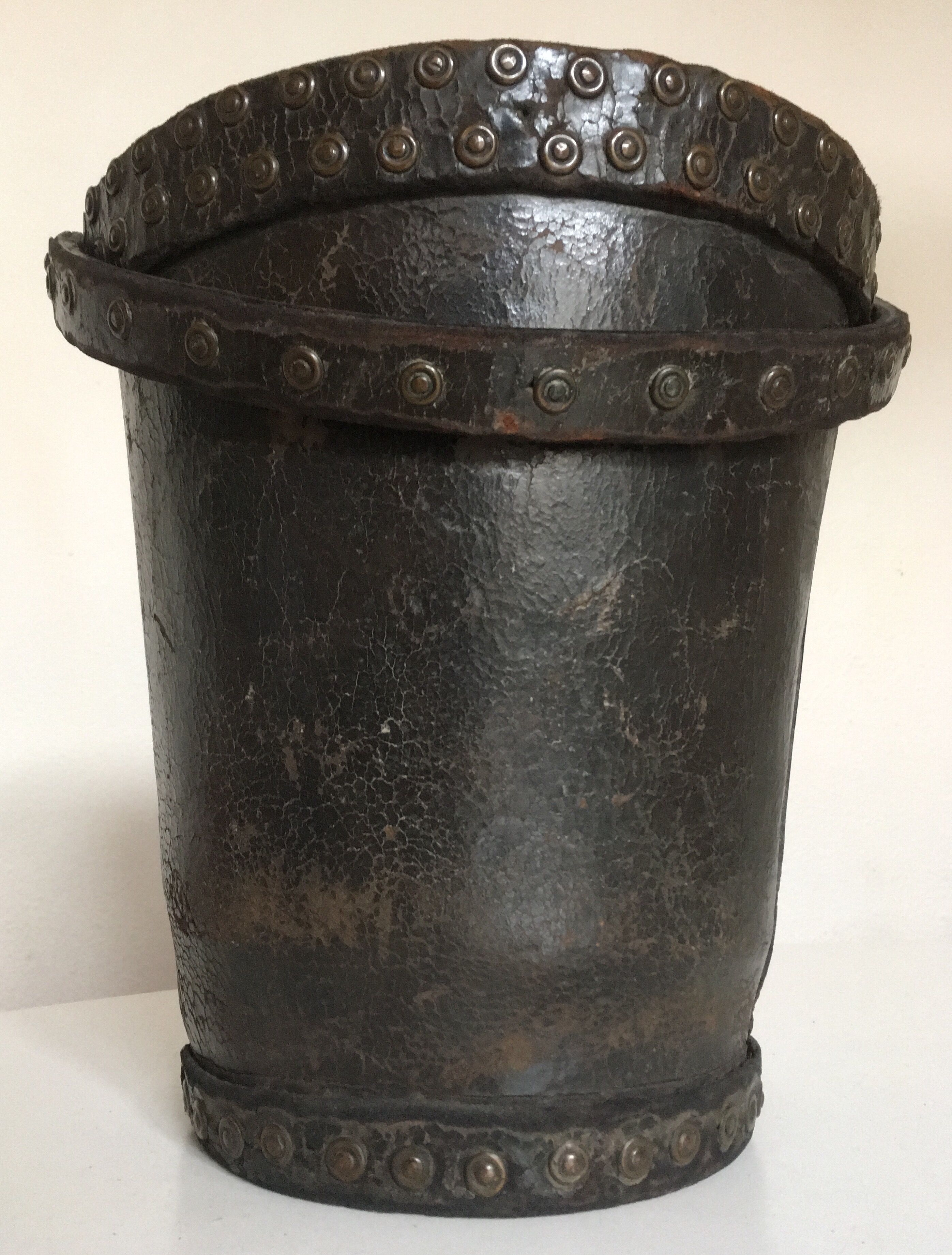 Brutalist studded leather wastepaper basket bucket 1920
