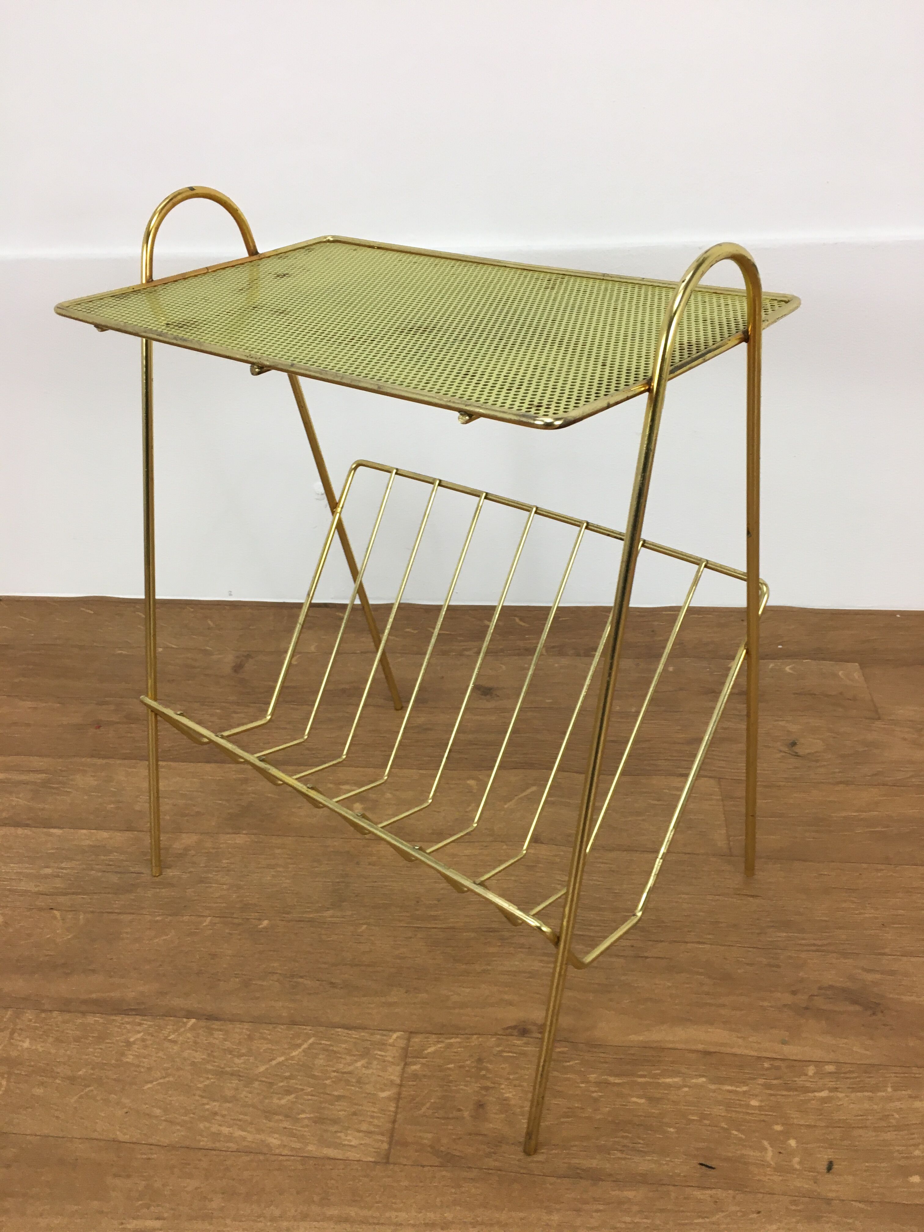 Vinyl magazine holder side table, perforated sheet metal, 50s
