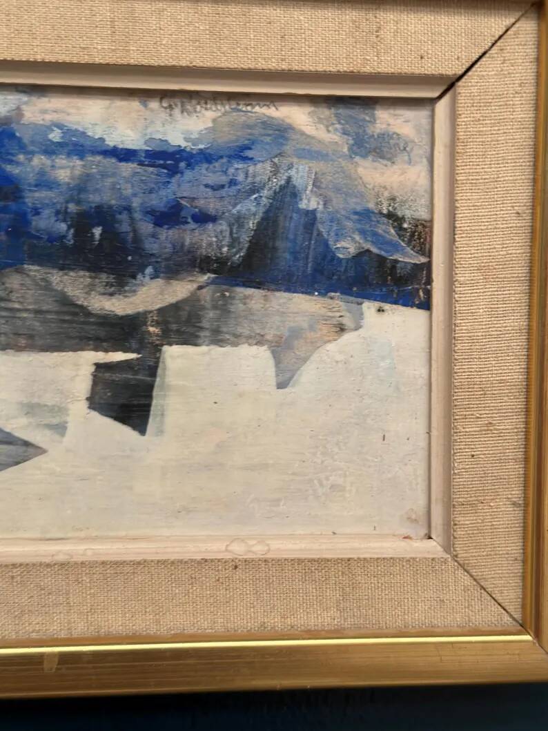Original Swedish Oil on Panel – "Blue Composition" by Gunnar Nordström – Signed – Vintage and Framed – 24.5 × 18.5 cm (9.6 in × 7.3 in)