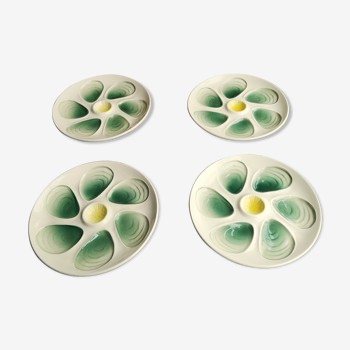 4 assiettes à huitres vintage en céramique de Salins décor vert et jaune