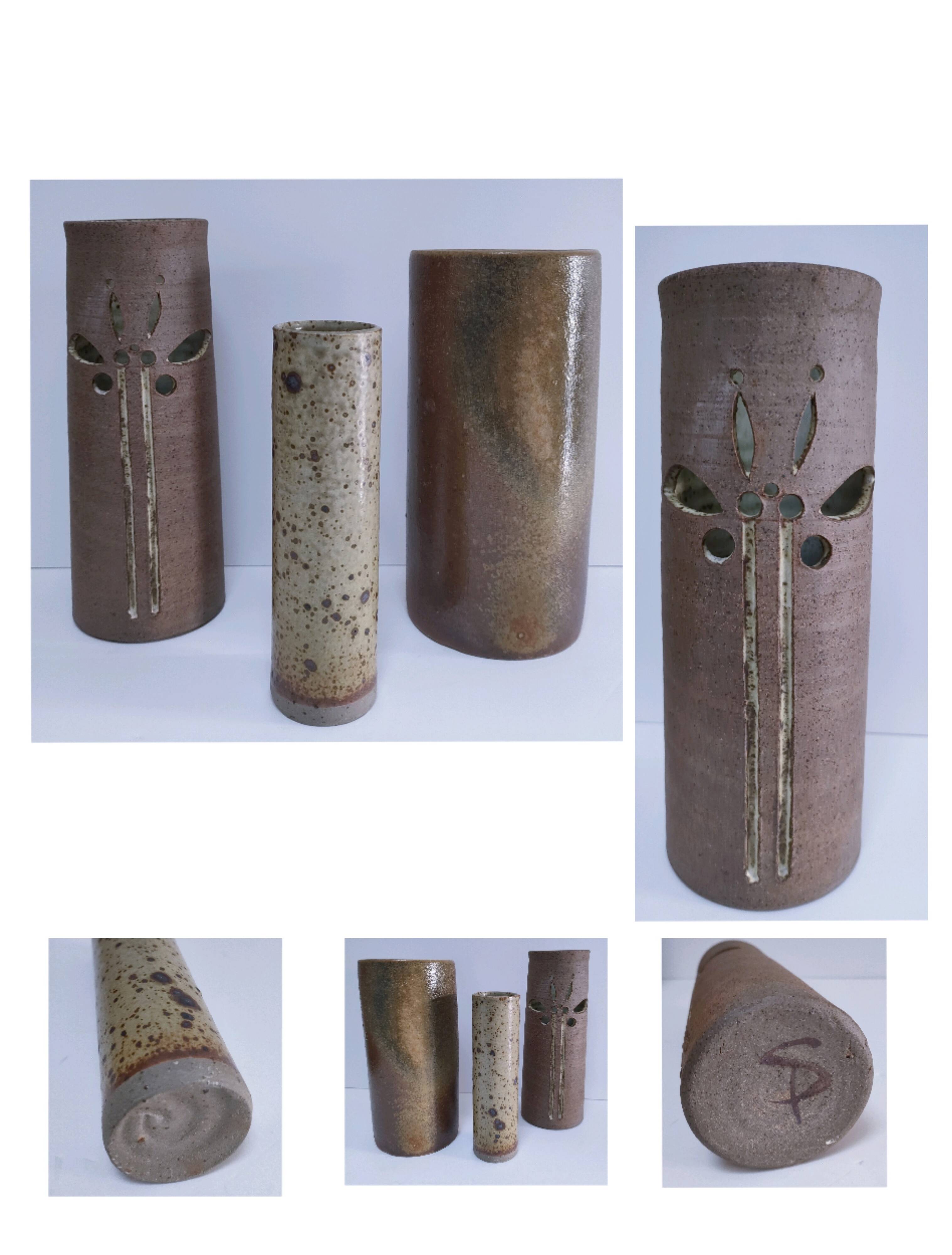 three vintage stoneware roller vases