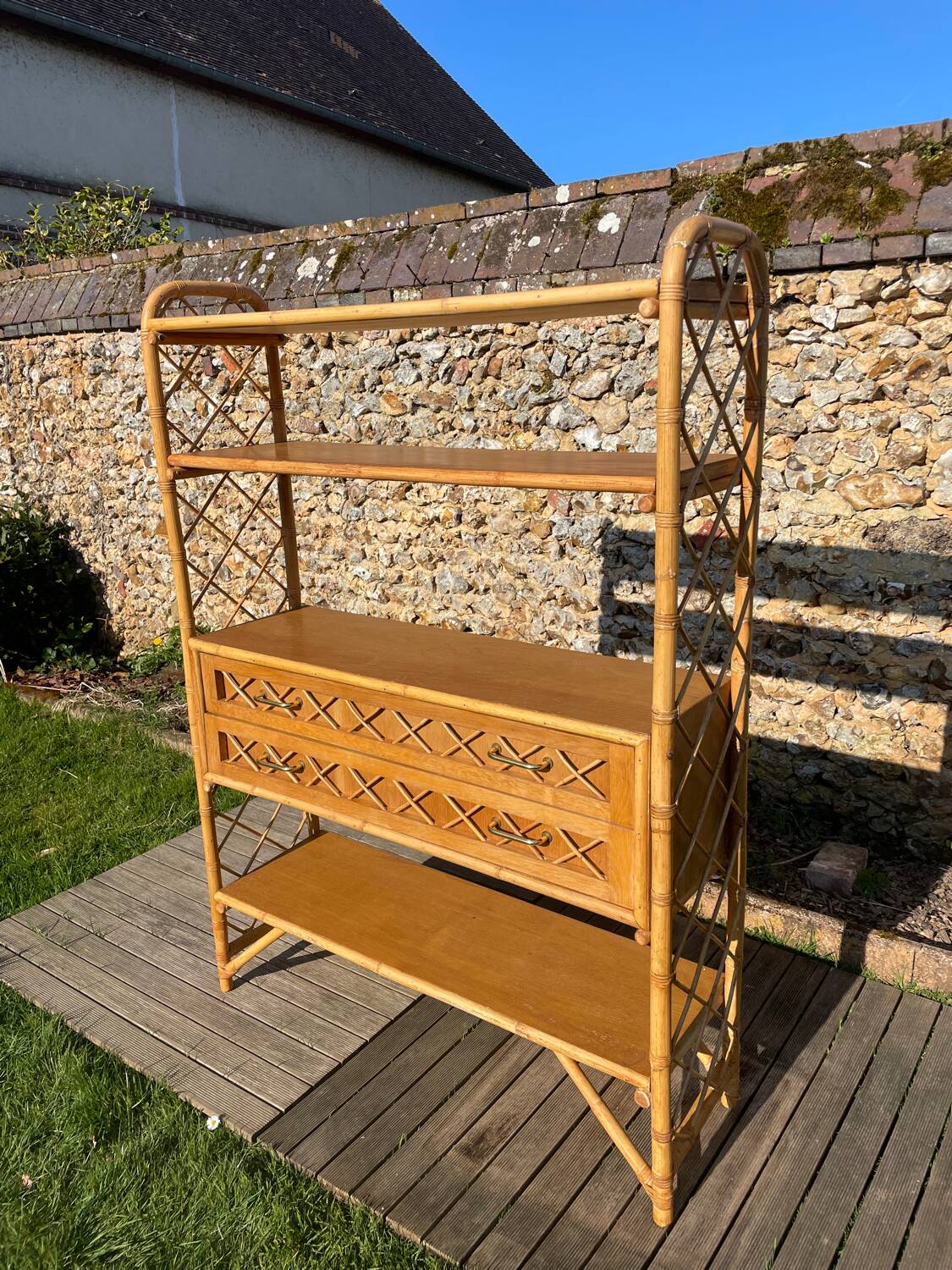 Vintage 1960s rattan and oak shelf by Louis Sognot