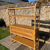 Vintage 1960s rattan and oak shelf by Louis Sognot