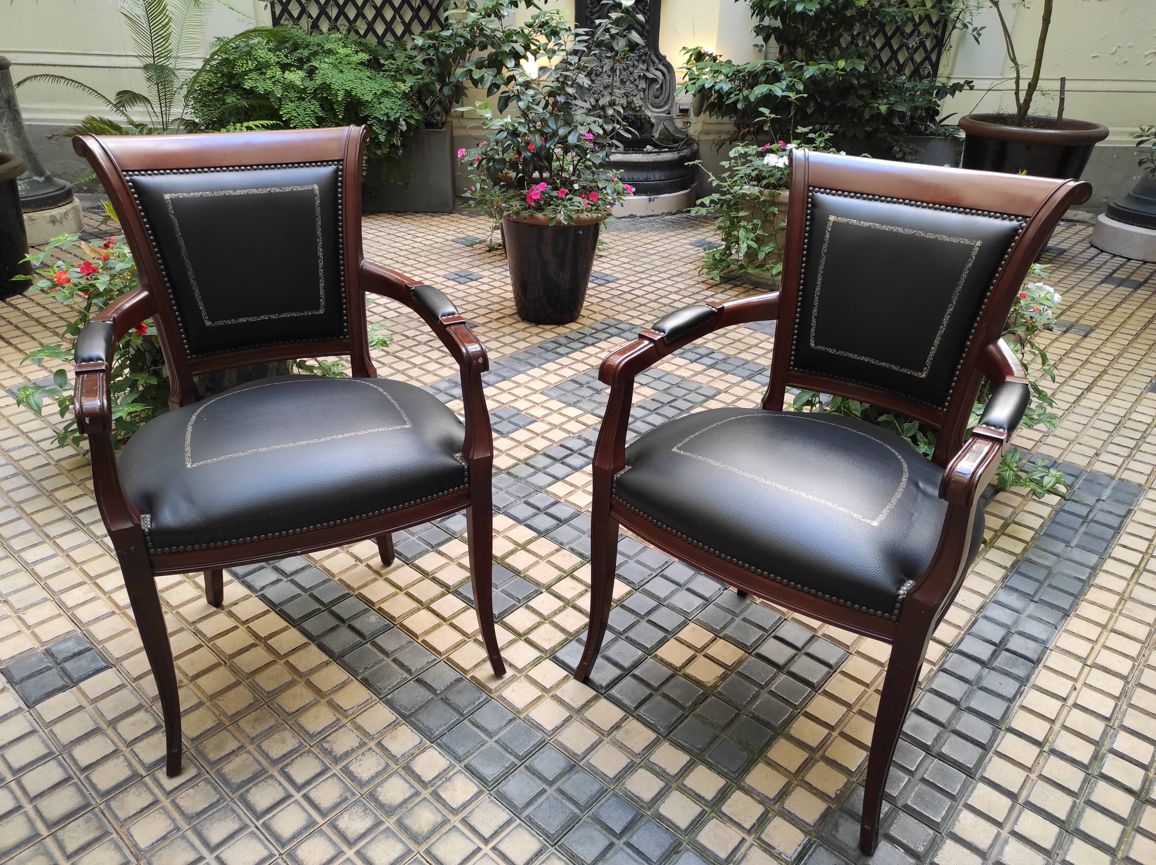 Genoveva armchairs directoire style black leather border gold