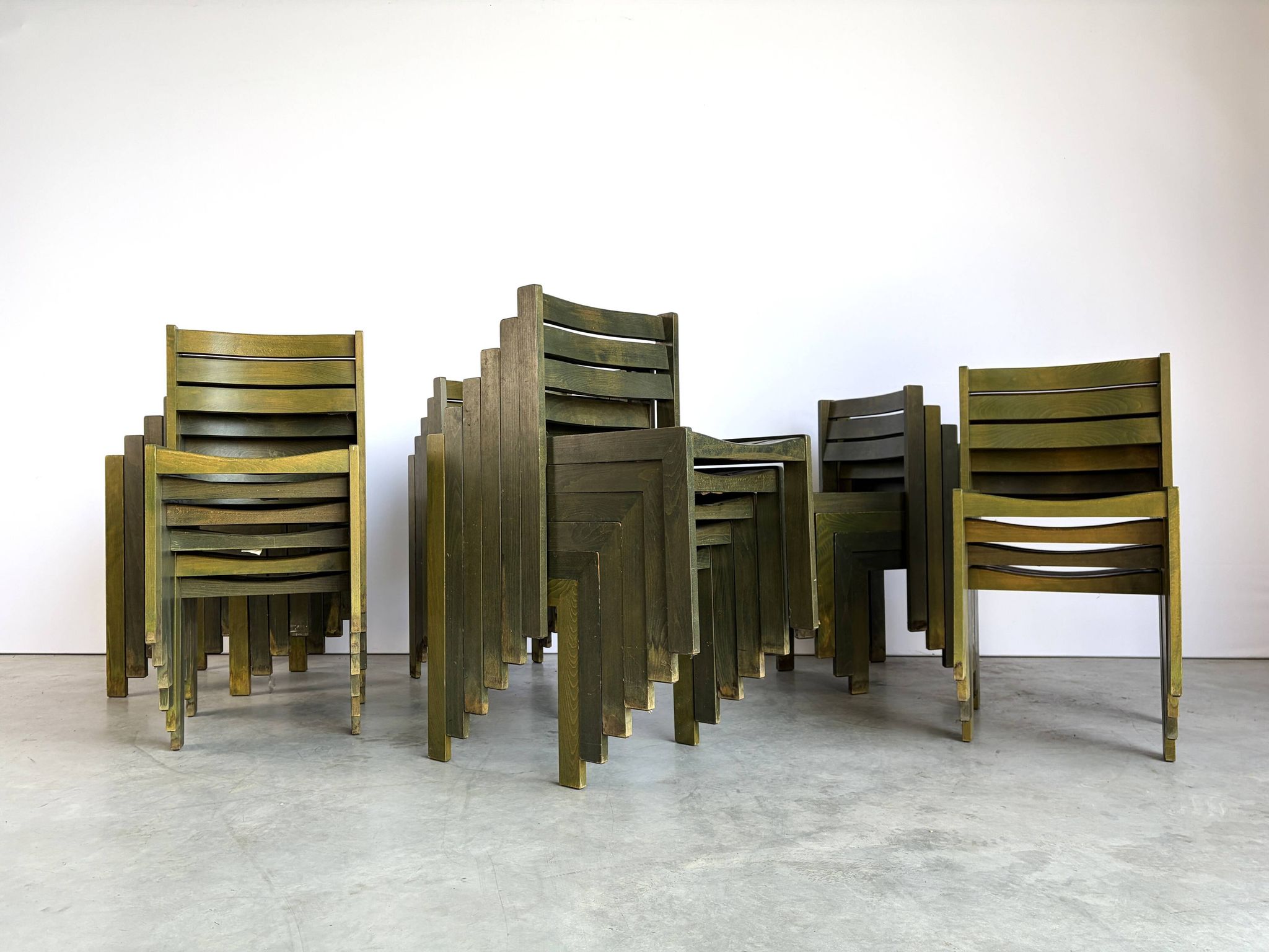 Vintage Wilkhahn stackable dining chair, green stained wood, Germany, 1970s