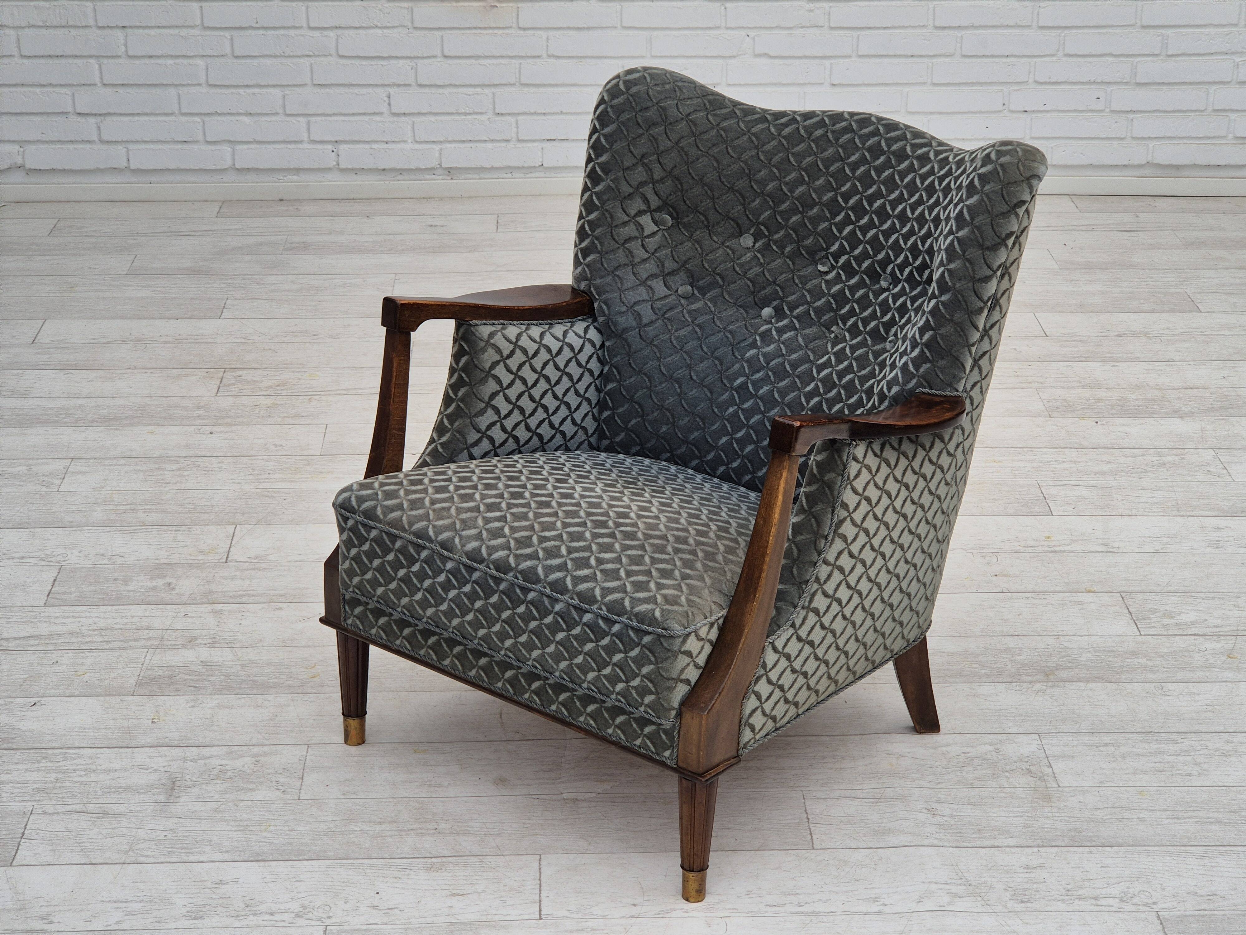 1960s, Danish armchair, original very good condition, furniture velour, beech wood,
