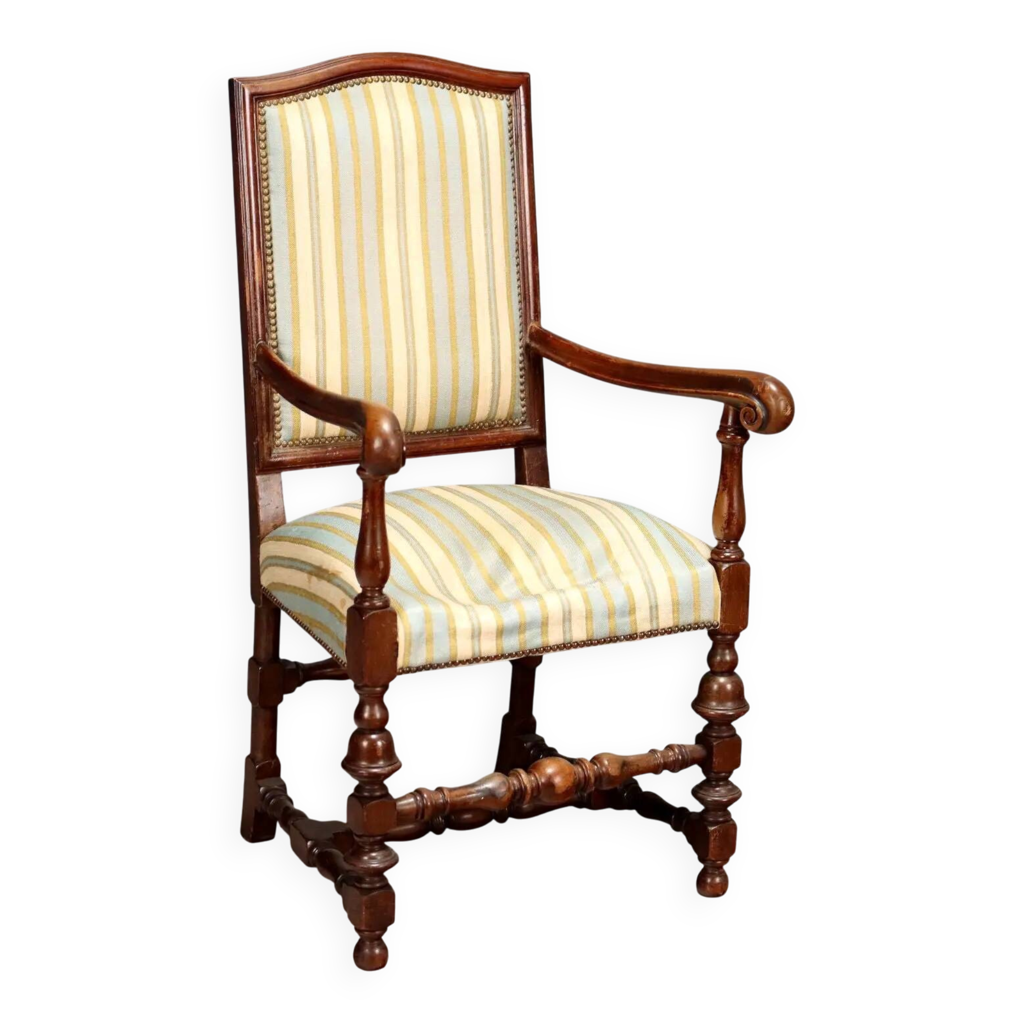 Antique Baroque-style walnut armchair, upholstered, 19th century.