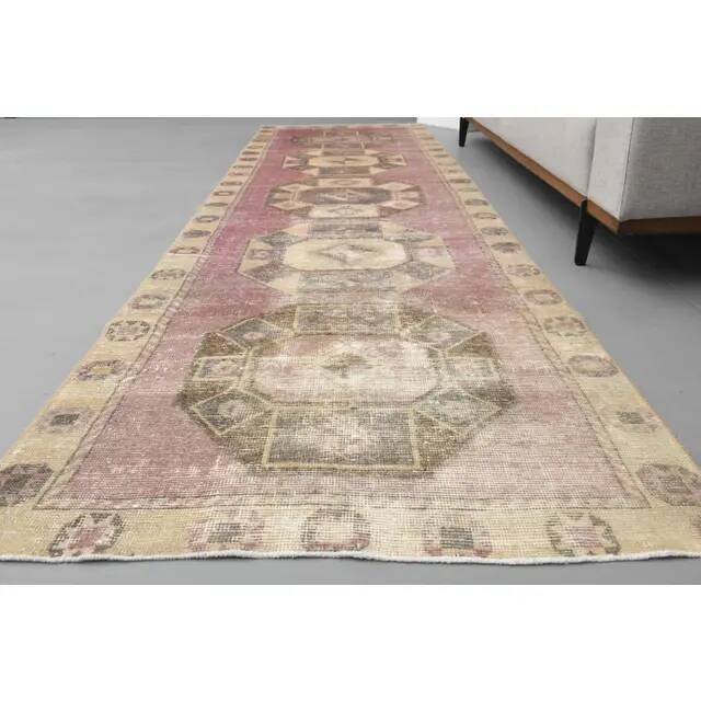 1970s Turkish Hand-Knotted Wool Cotton Pink Runner Rug 104x361