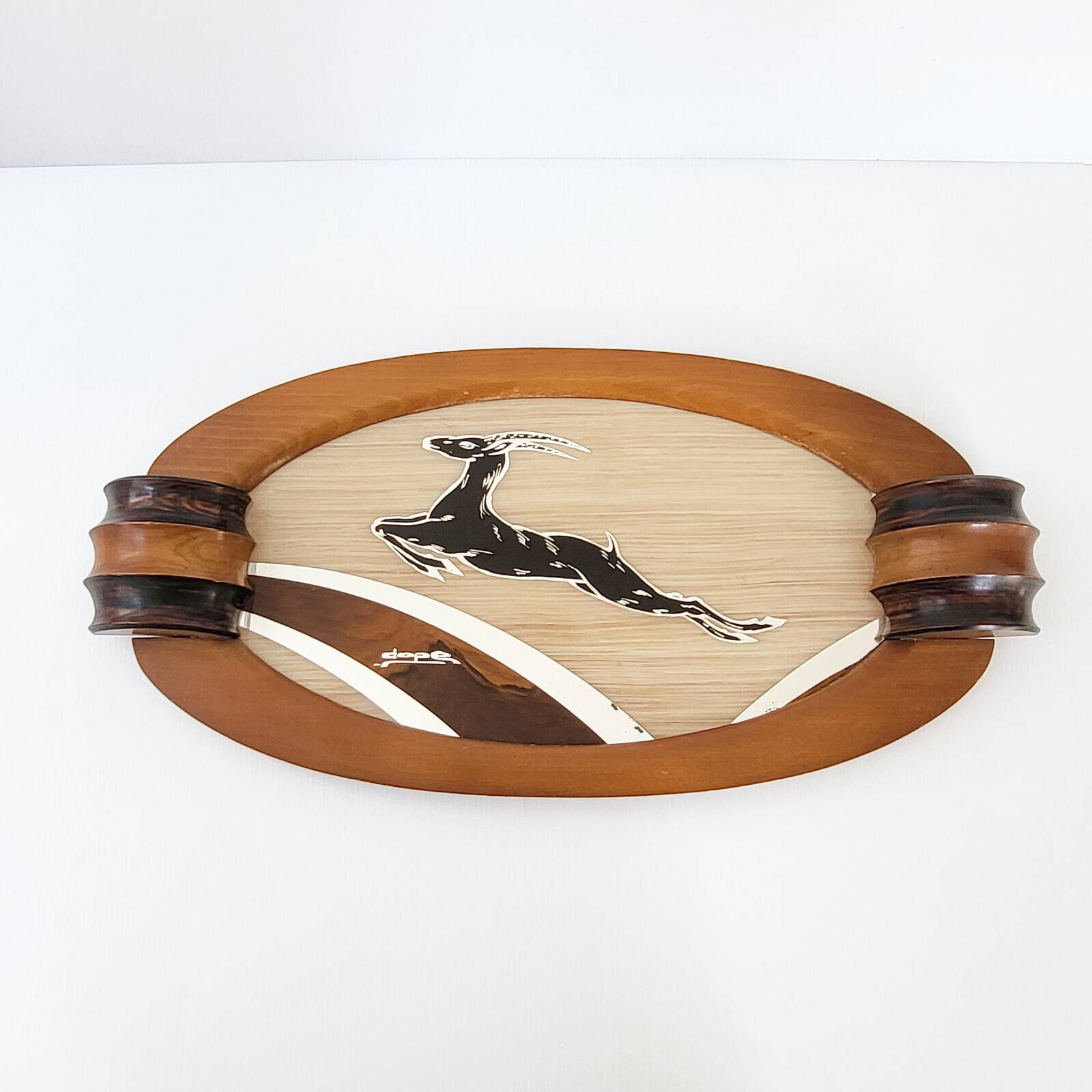 Plateau art deco vintage 1920 1930 antilope gazelle signe "dope"  bois & mi
