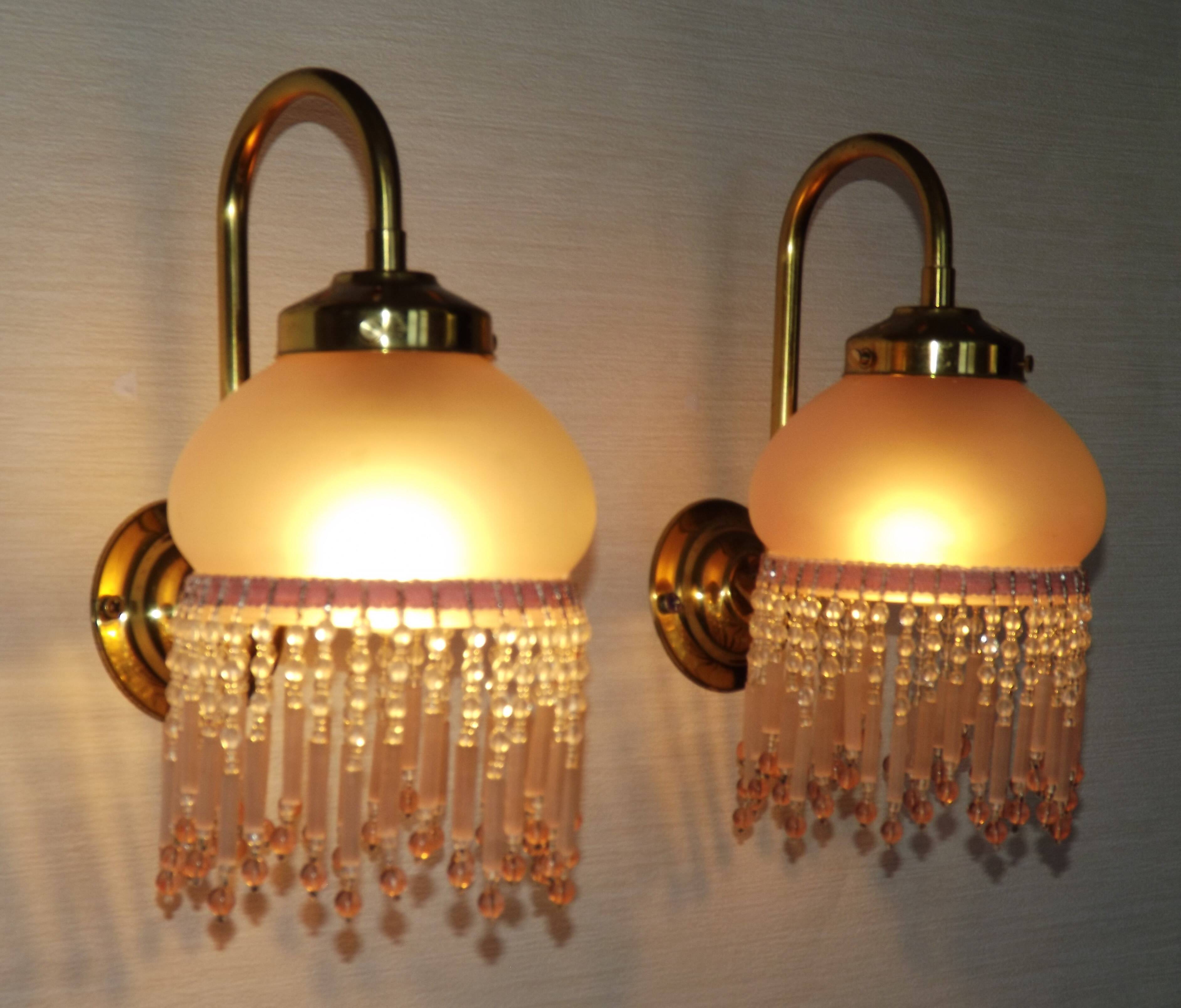 Pair of French Vintage Gold Wall Lights Pink Glass Beaded Fringe Shades