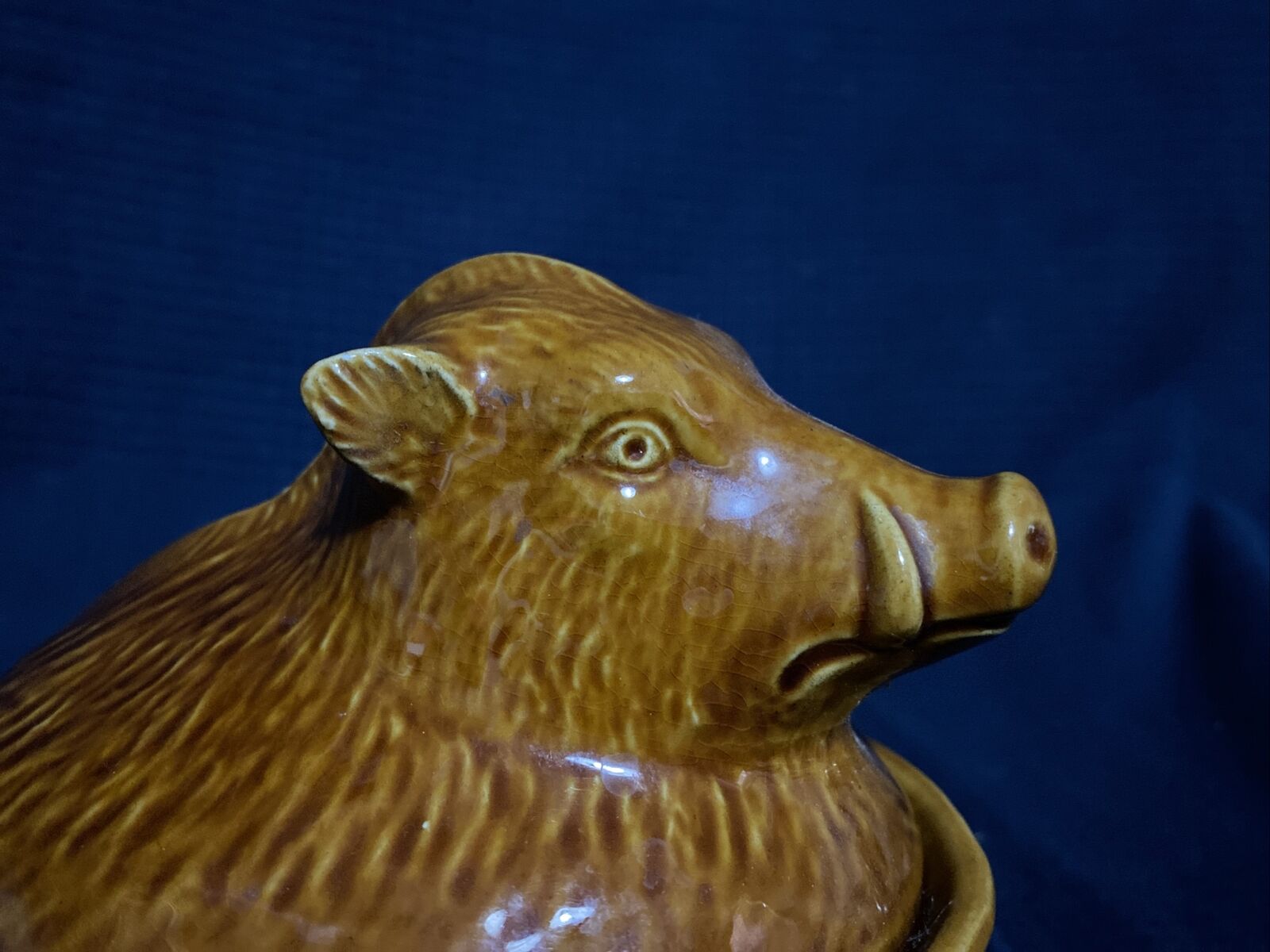 Ceramic terrine dish decorated with vintage wild boar hunting