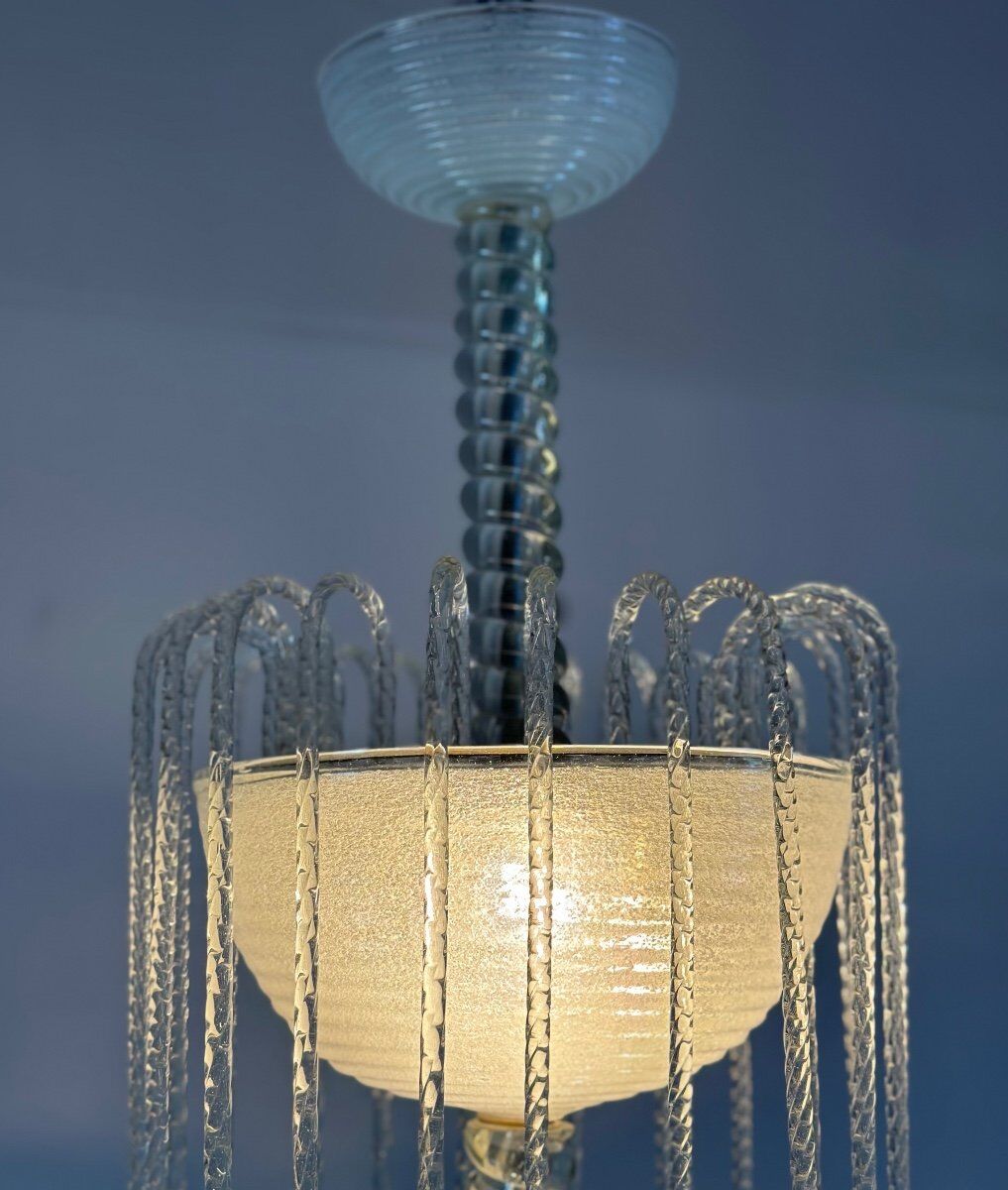 Lustre fontaine vénitien en verre de Murano incolore vert 1940