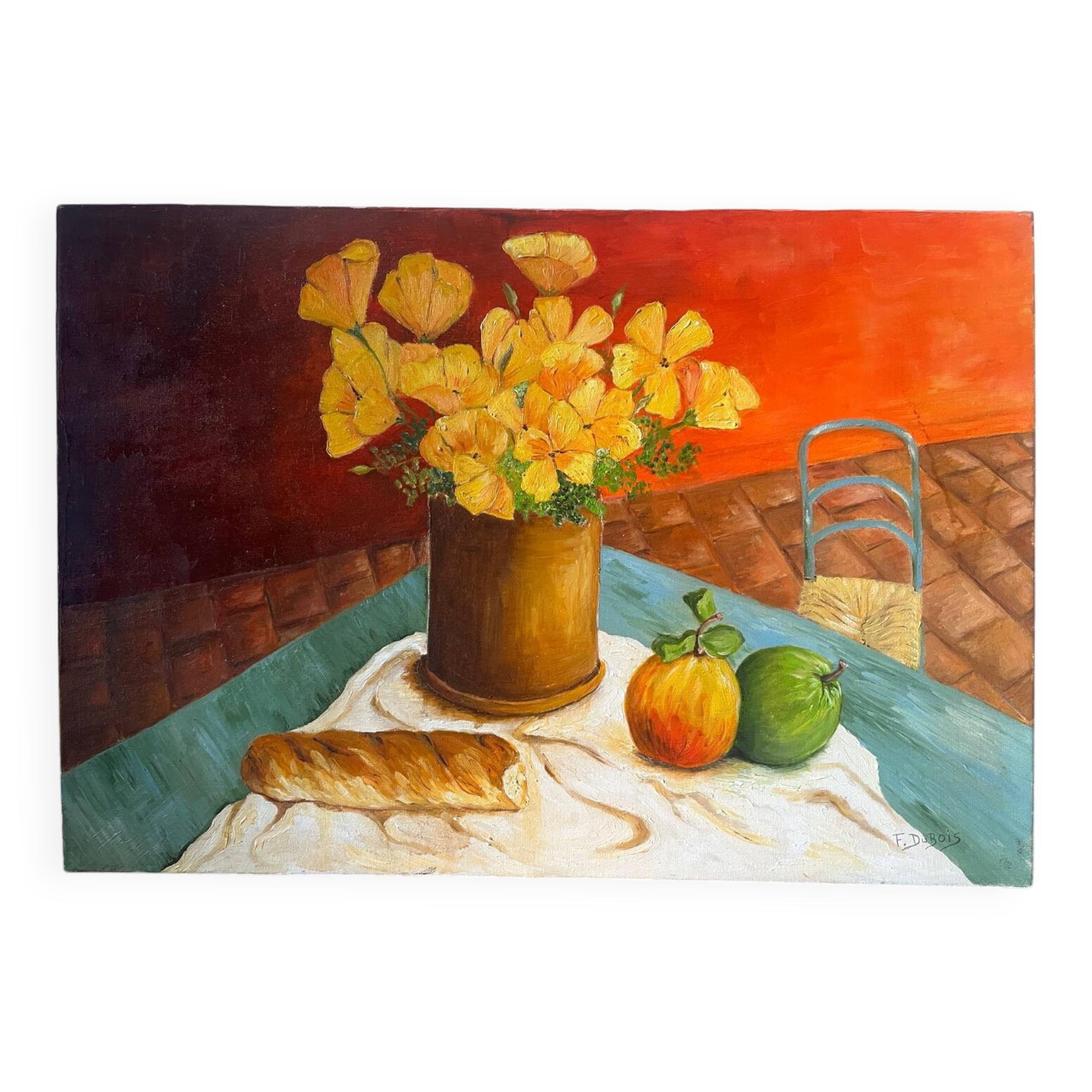 Still life with flowers, bread, apples and chair, signed