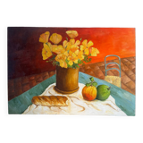 Still life with flowers, bread, apples and chair, signed