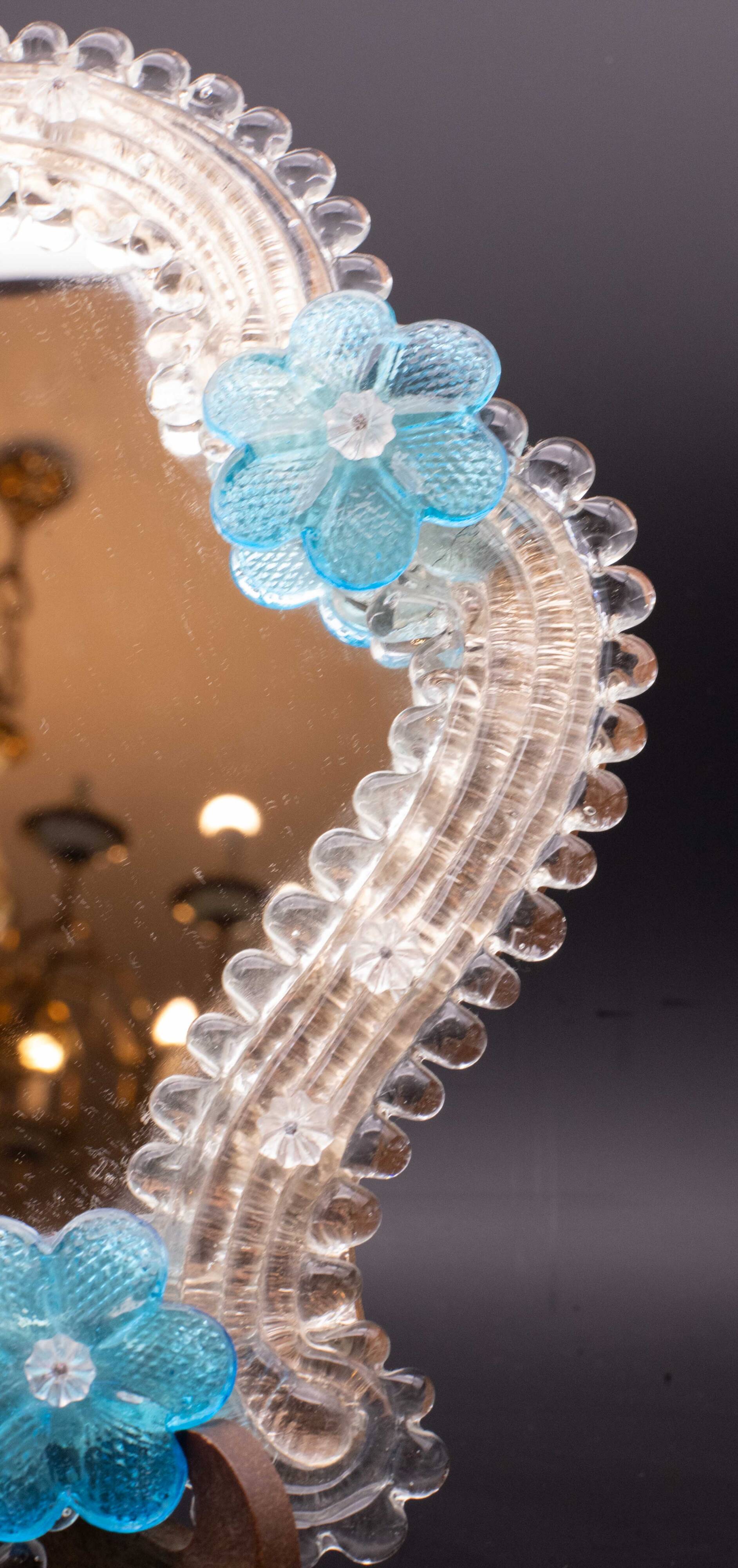 Classic Vintage Venetian Murano Bue Flower Glass Mirror, 1970s