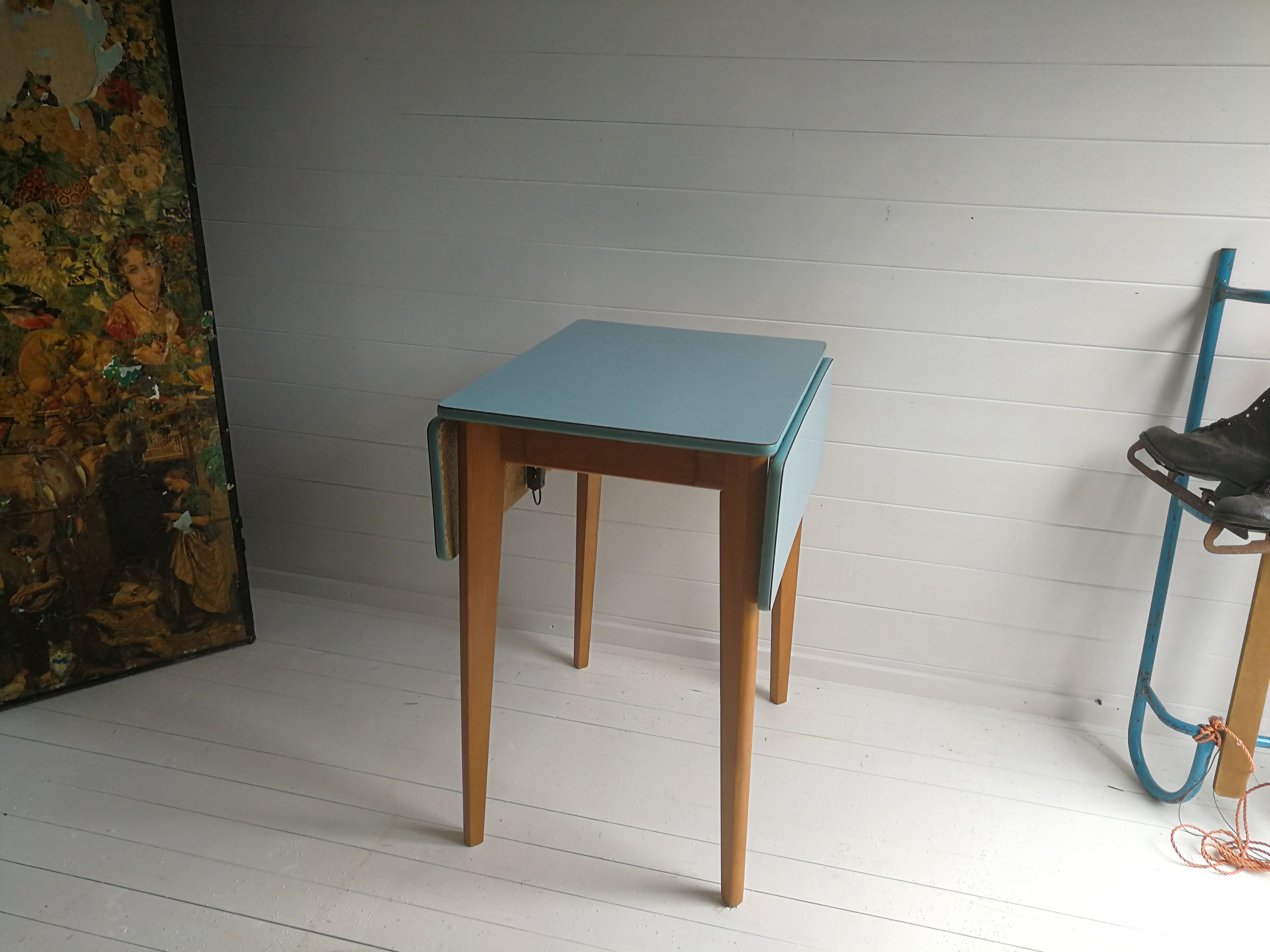 1950’S Blue Formica Drop Leaf Kitchen Dinning Table With Wooden Legs, Vintage, Retro, Mid Century.