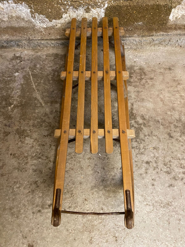 Luge ancienne Davos en bois & lames metal sport hiver vintage
