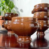 6 vintage Emile Henry lion's head onion soup bowls in ceramic - brown, made in France.
