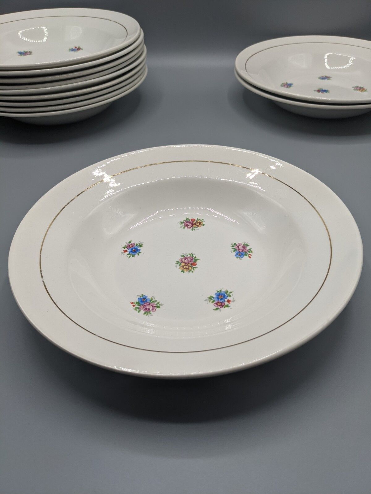 12 hollow porcelain plates, floral decoration and golden ledé - ∅: 23cm