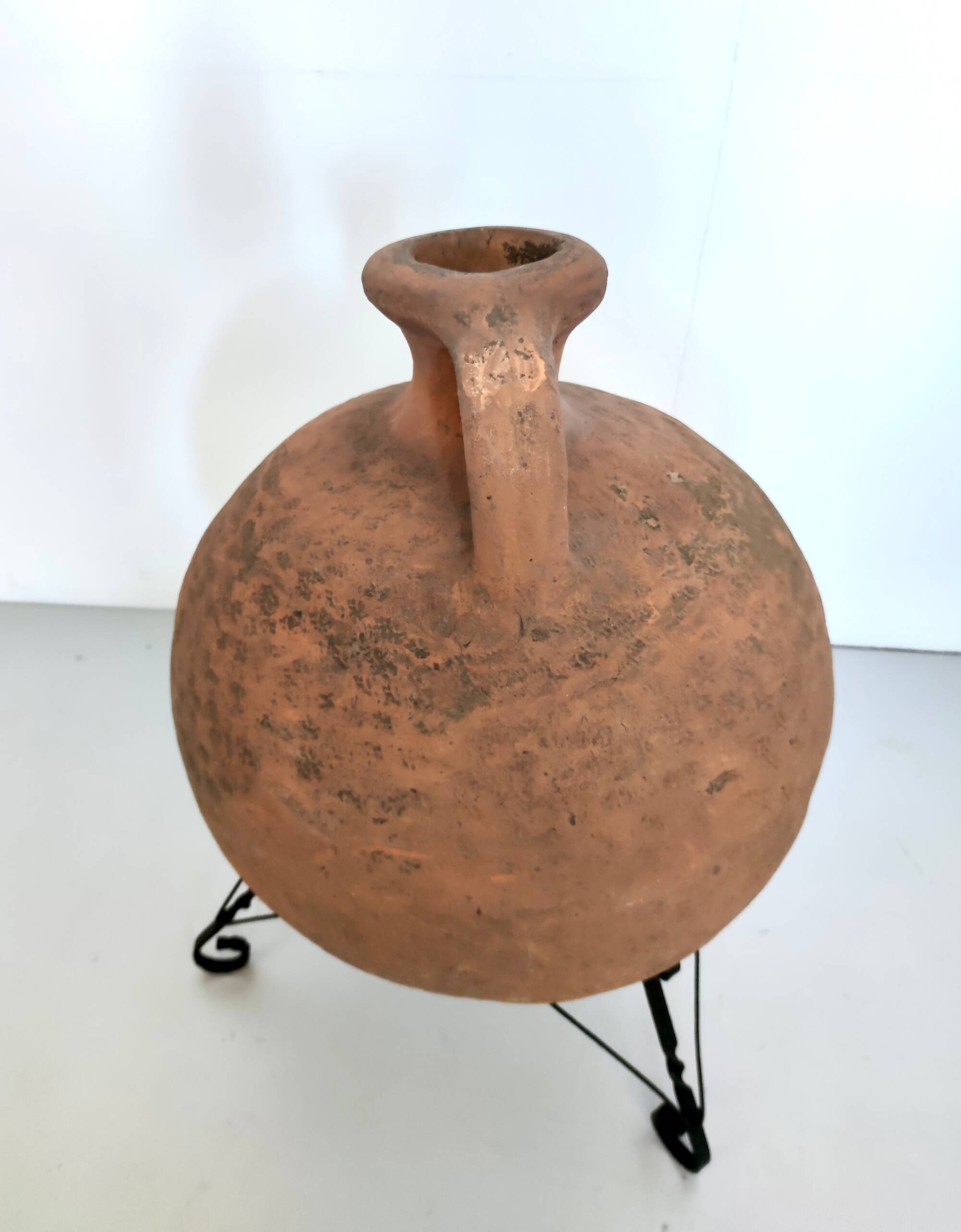 Hand-Modeled Earthenware Jar with a Black Varnished Iron Stand, Italy