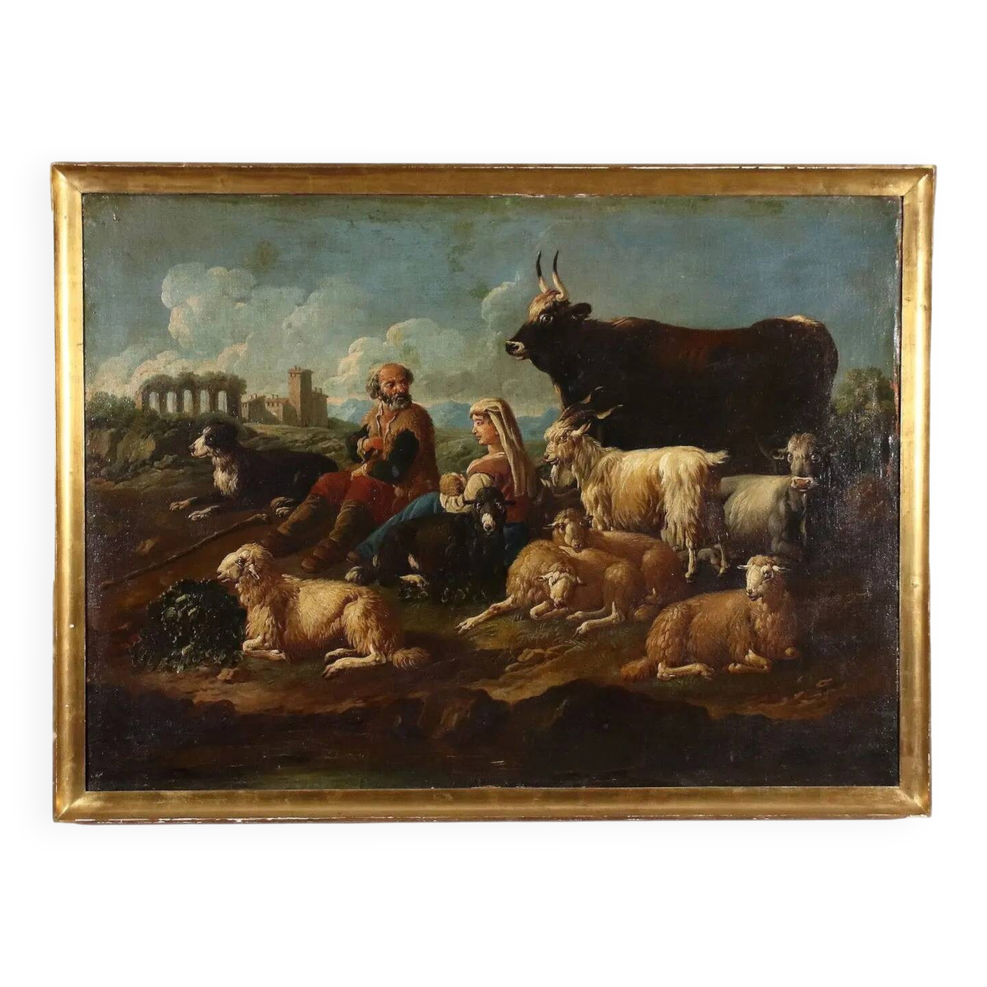 Old painting of a landscape with shepherds, oil on canvas, 17th century.