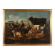 Old painting of a landscape with shepherds, oil on canvas, 17th century.