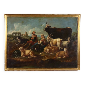 Old painting of a landscape with shepherds, oil on canvas, 17th century.