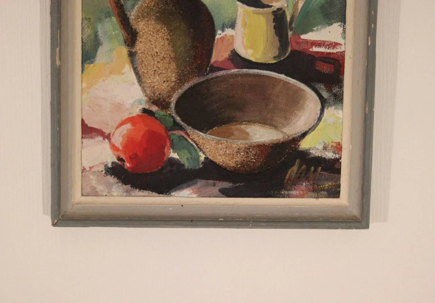Huile sur toile suédoise originale vintage – nature morte avec vase et fleurs