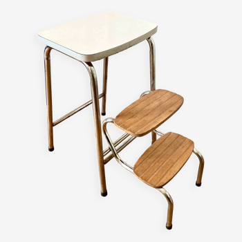 White Formica step stool with vintage folding wooden steps
