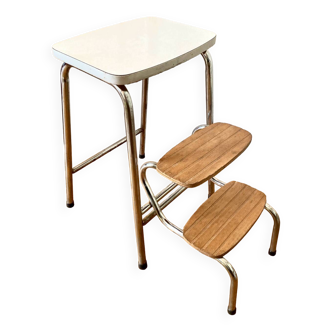 White Formica step stool with vintage folding wooden steps