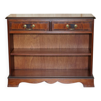Vintage dwarf open library in hardwood with two drawers.