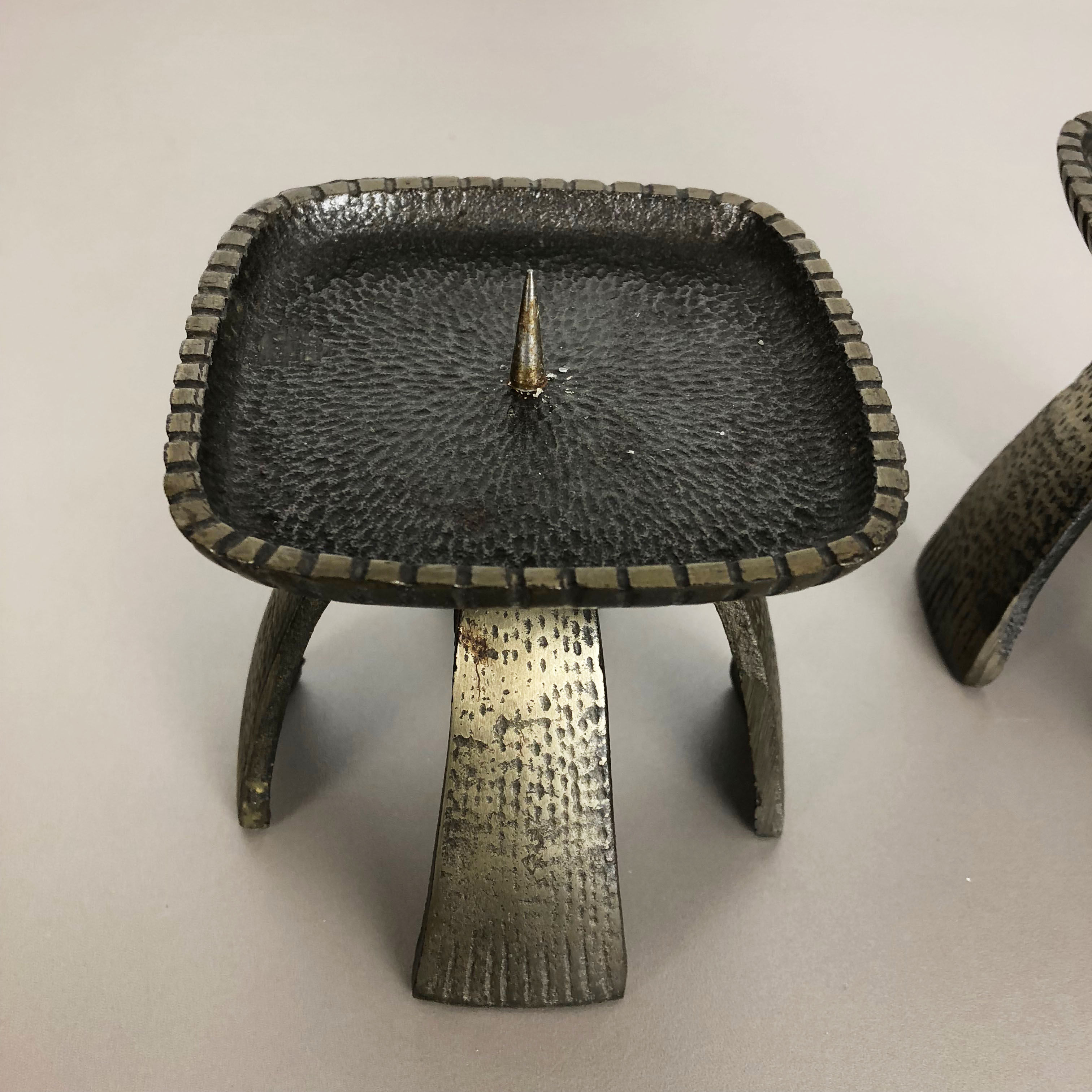 Set of 2 Modernist Vintage 1970s Sculptural Brutalist Metal Candleholder, France