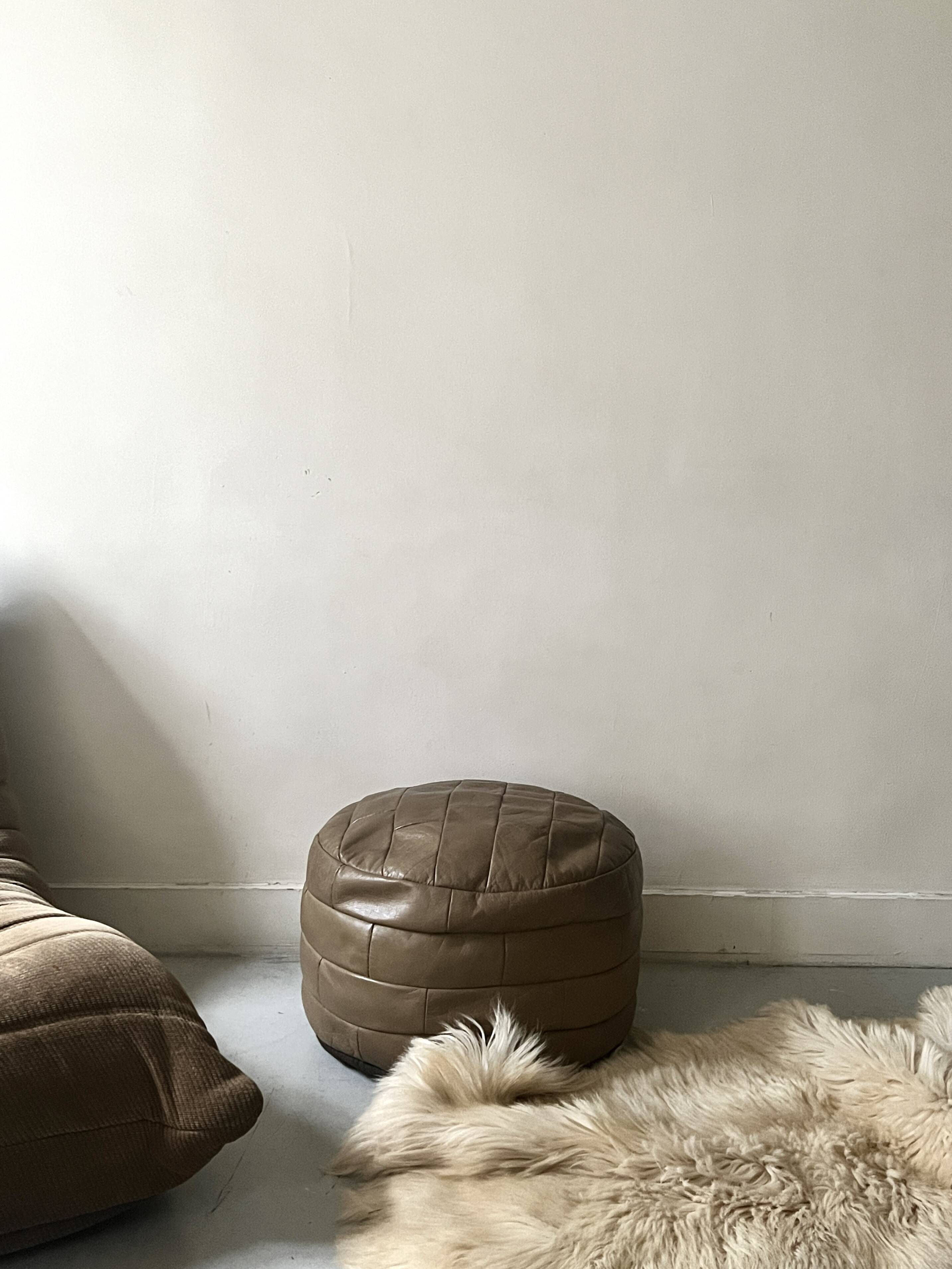 Beige genuine leather patchwork pouf, 1970s design