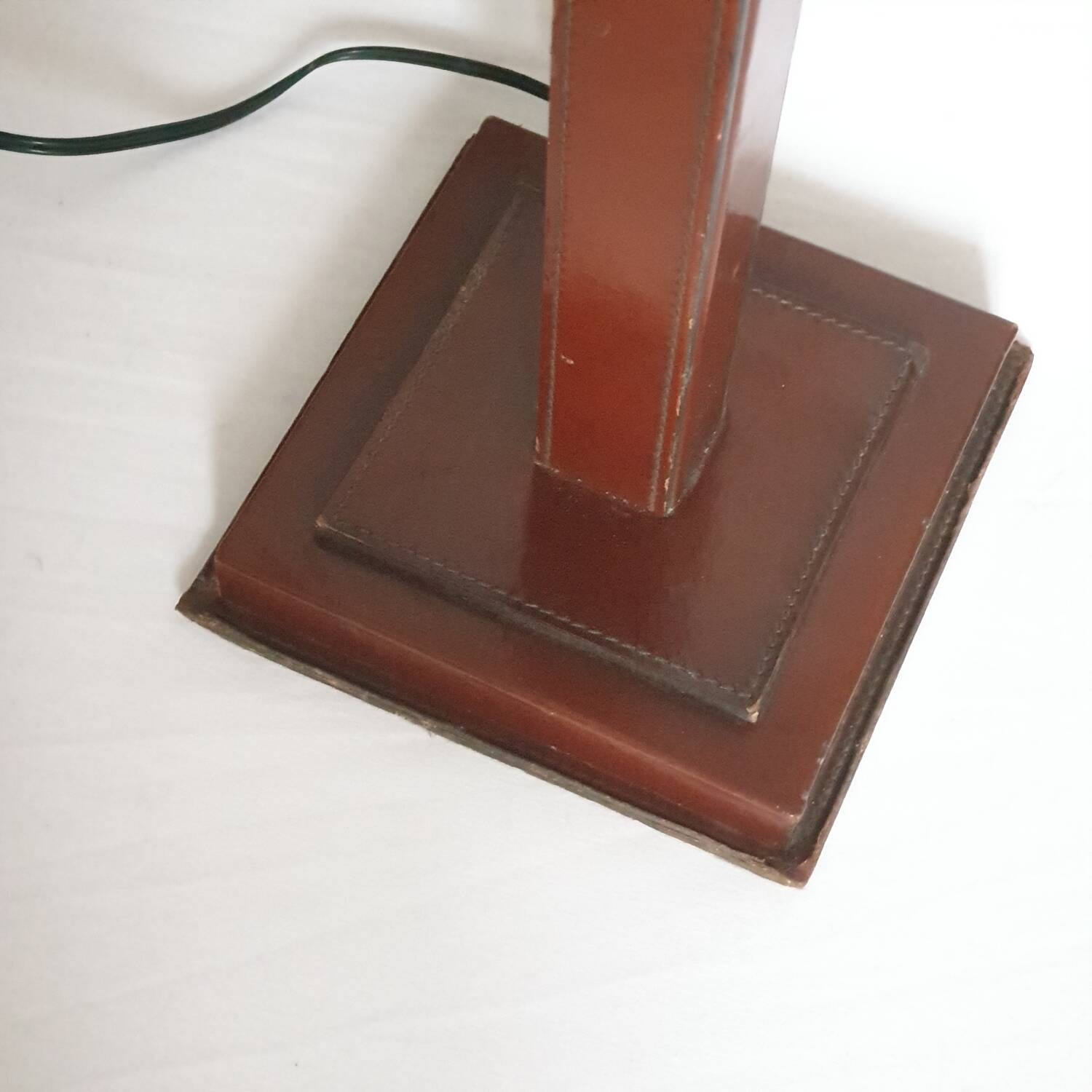 Leather lamp, saddle-stitched, 1960s vintage France.