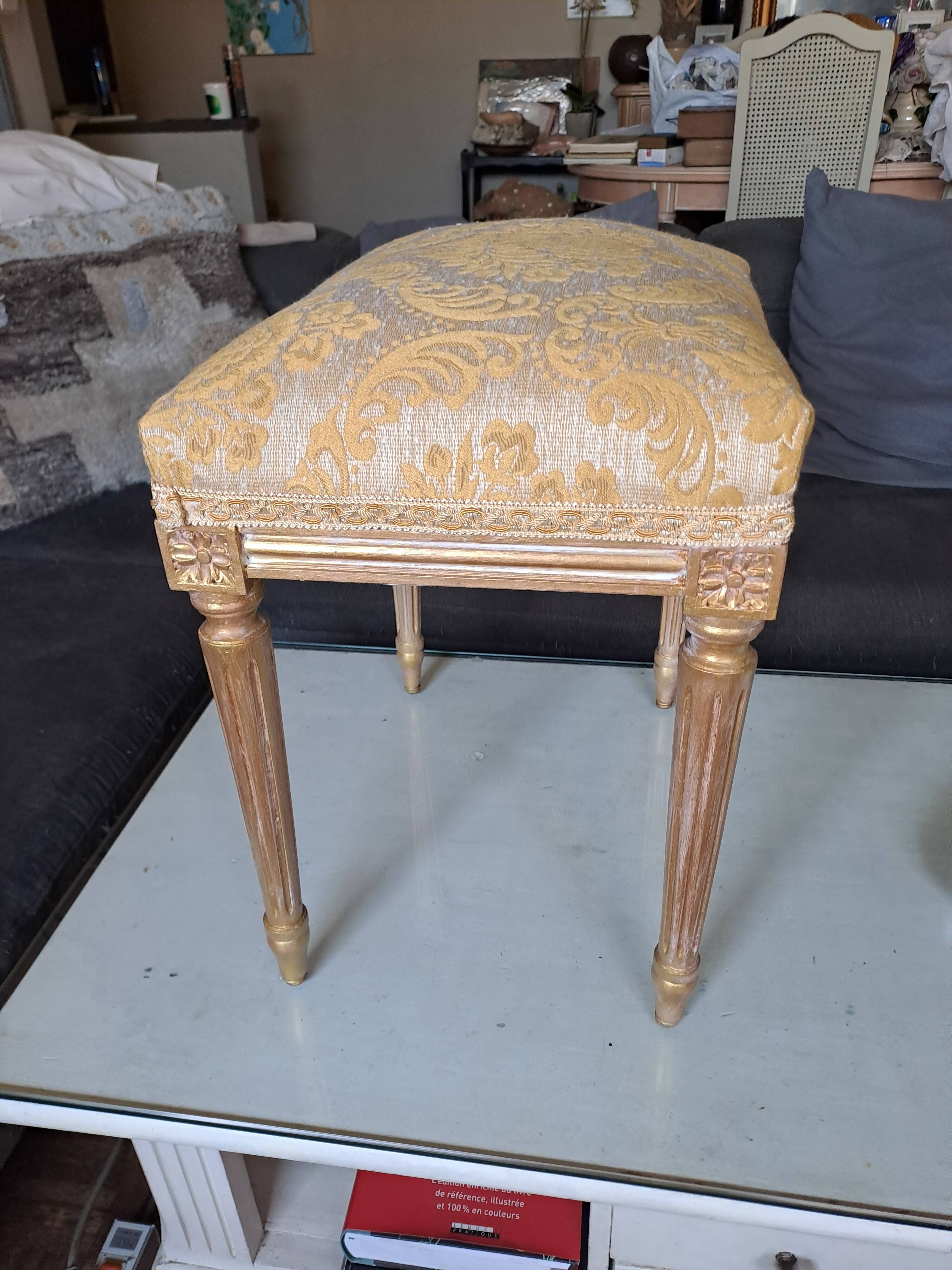 Piano stool in gold wood, Empire style, 19th century upholstery restoration
