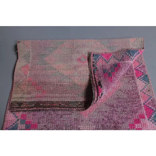 1970s Turkish handmade wool pink diamond runner 82x337