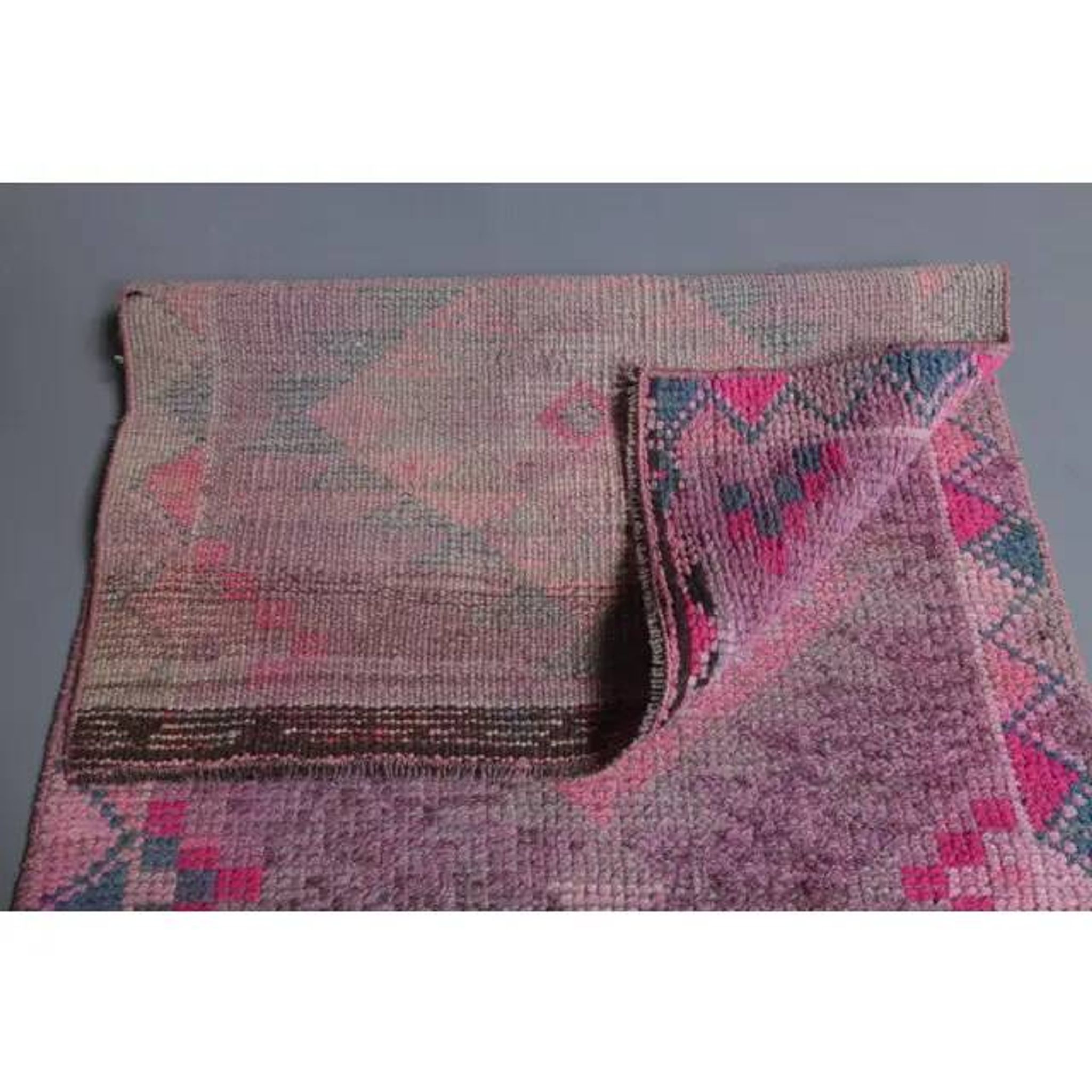 1970s Turkish handmade wool pink diamond runner 82x337