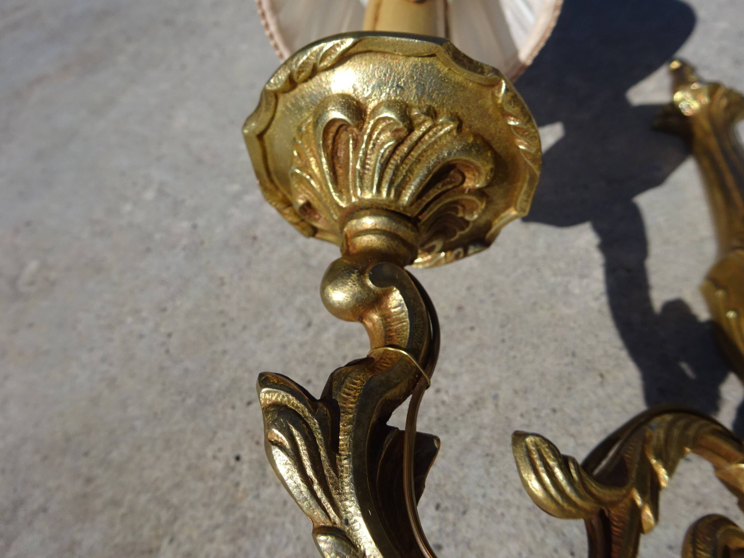 Bronze wall sconces, silk shades, pair