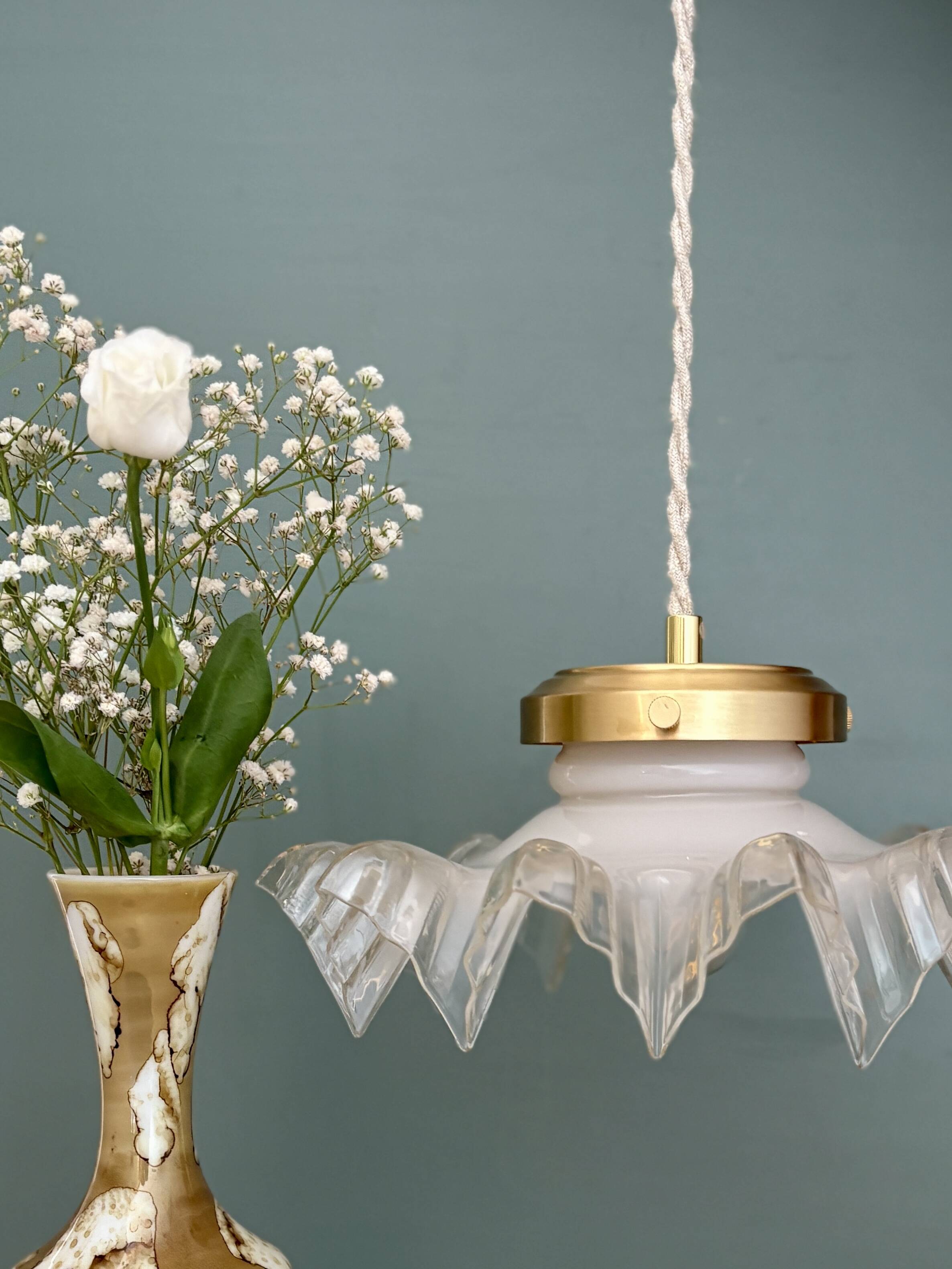 Vintage lace glass pendant lampshade, half white, half transparent