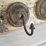 Antique teak coat rack with 3 wrought iron hooks