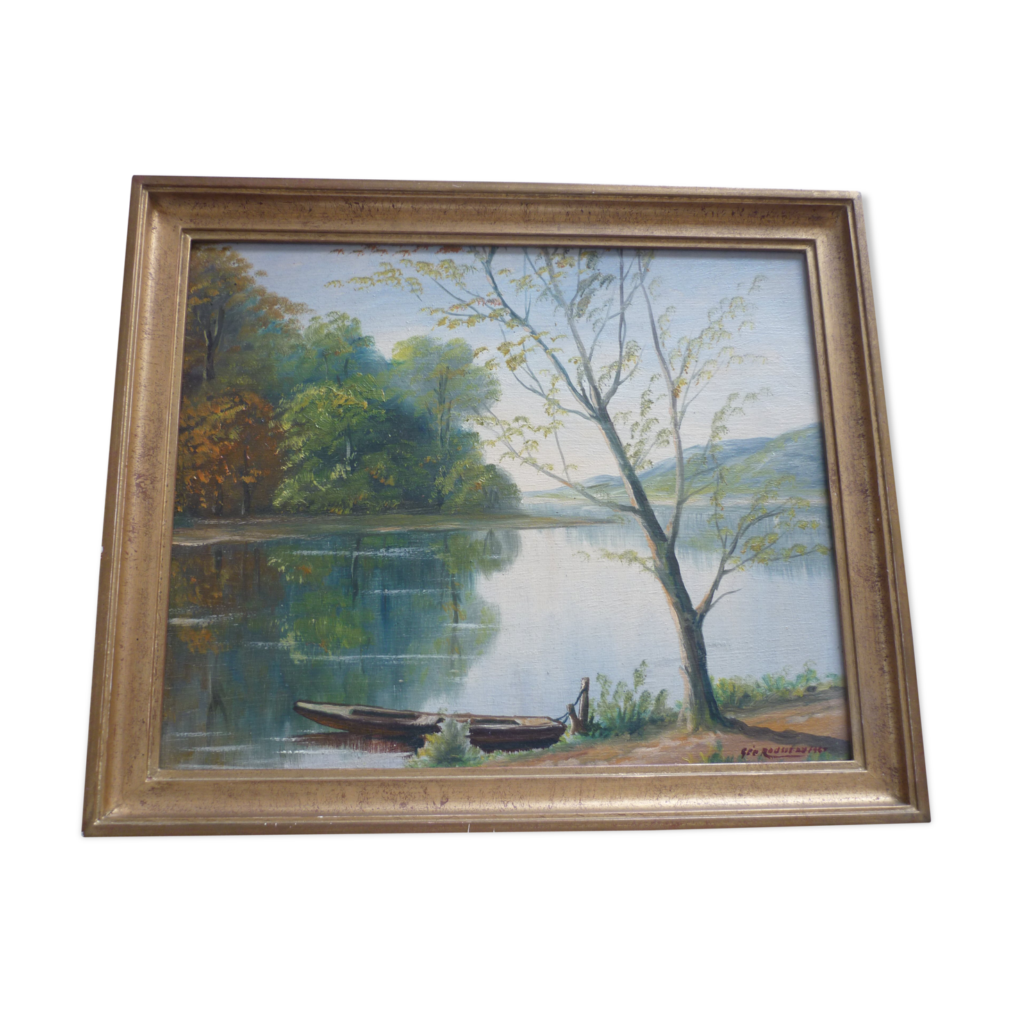 Painted framed lake landscape signed geo rousseau 1967