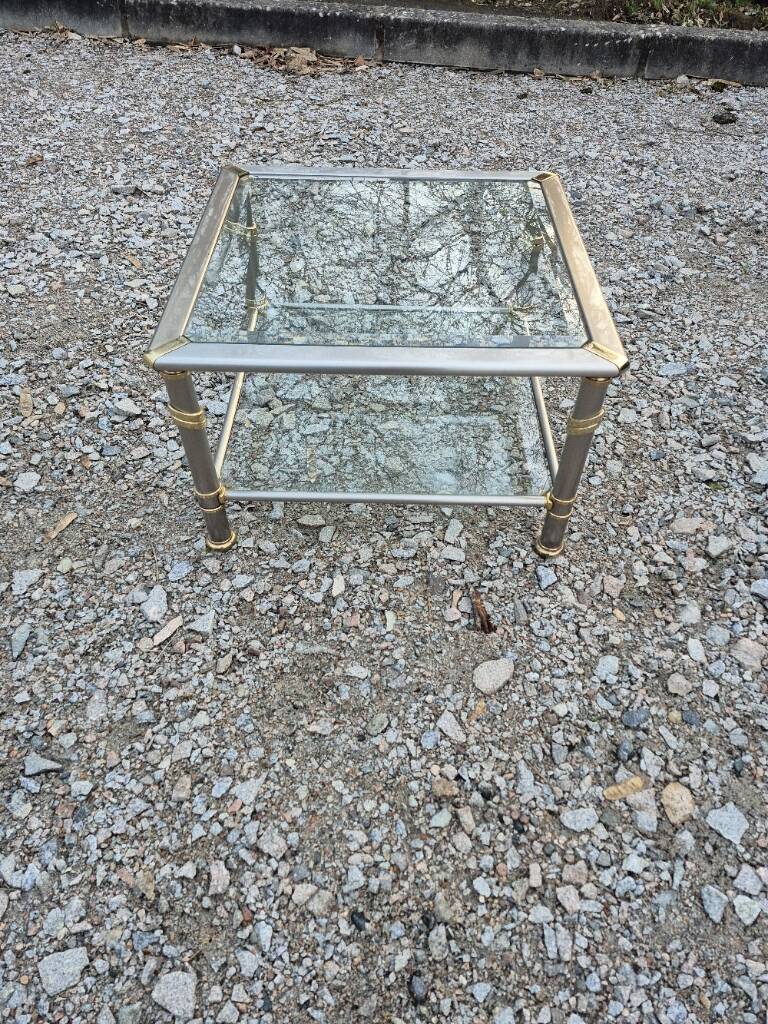Hollywood Regency side table 1970 brushed metal and gold