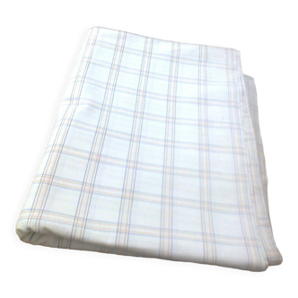 antique bed sheet, 2 people, white-ecru cotton, blue orange grid
