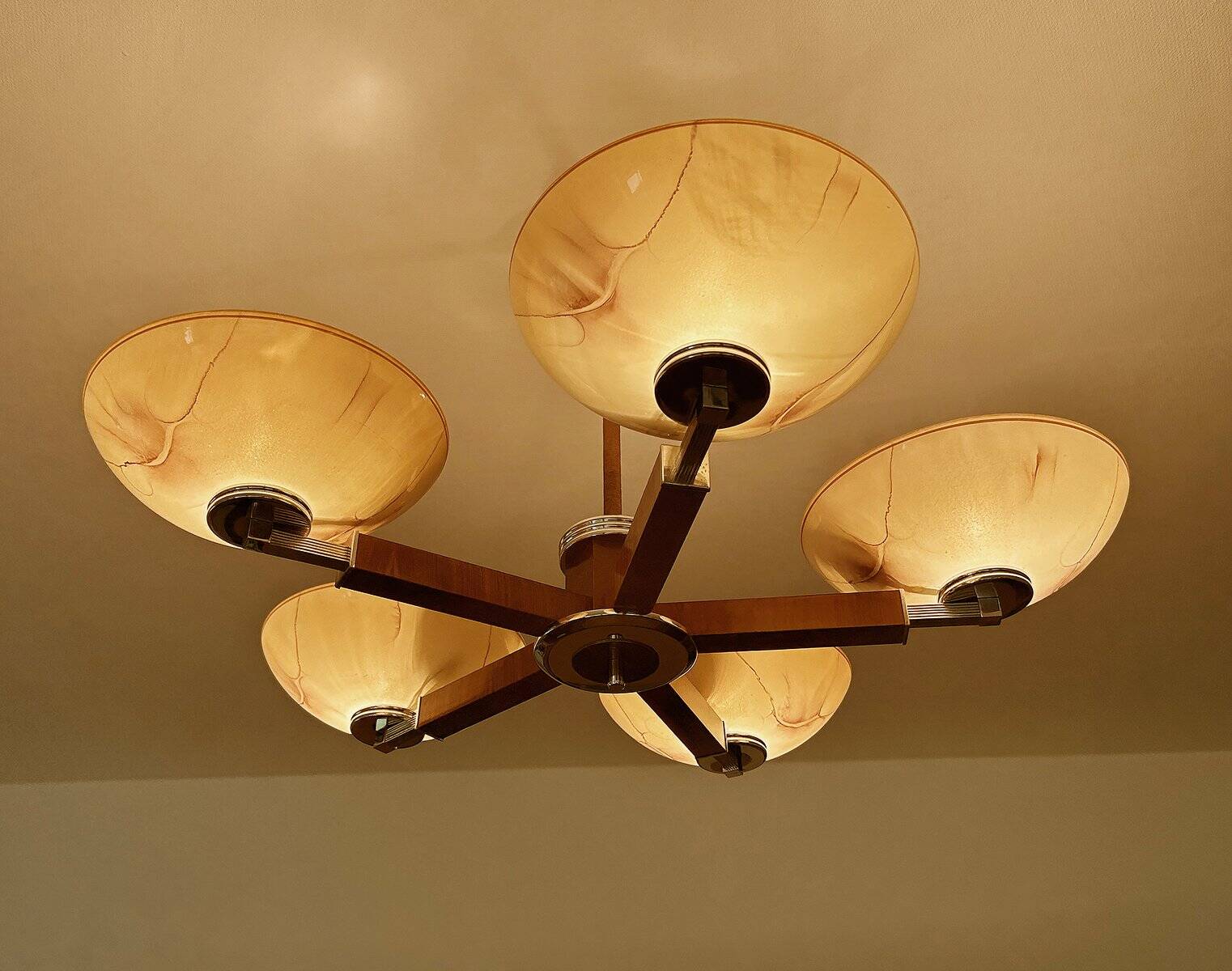 Large Art Deco pendant light in wood and glass, 1930s