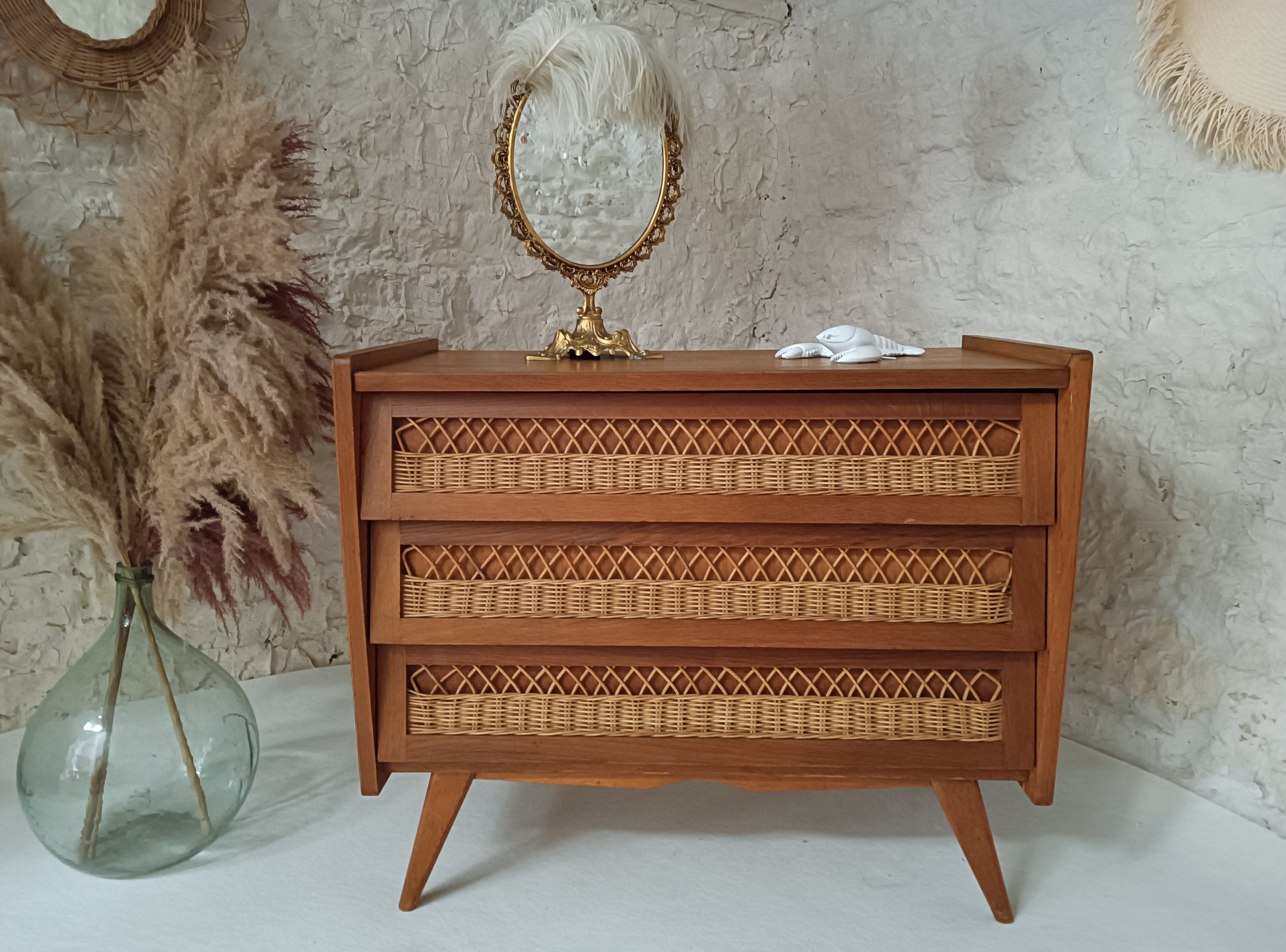 Vintage wooden and rattan chest of drawers in the 60s