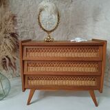 Vintage wooden and rattan chest of drawers in the 60s