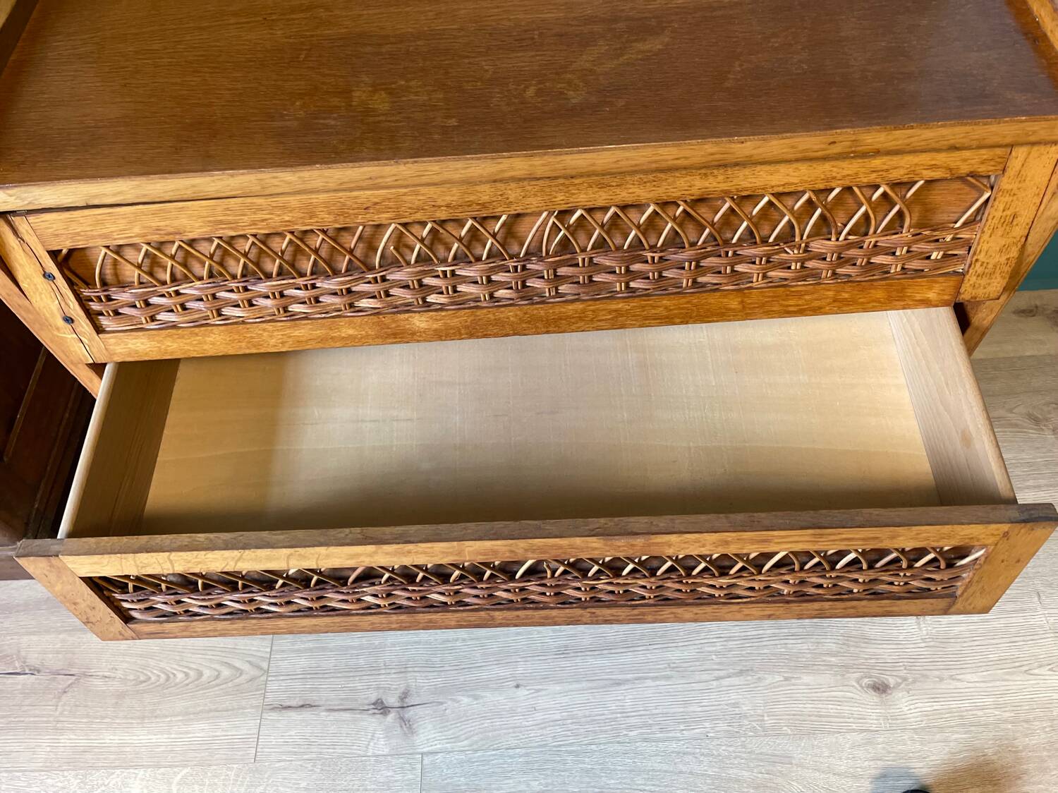 Commode vintage bois et rotin