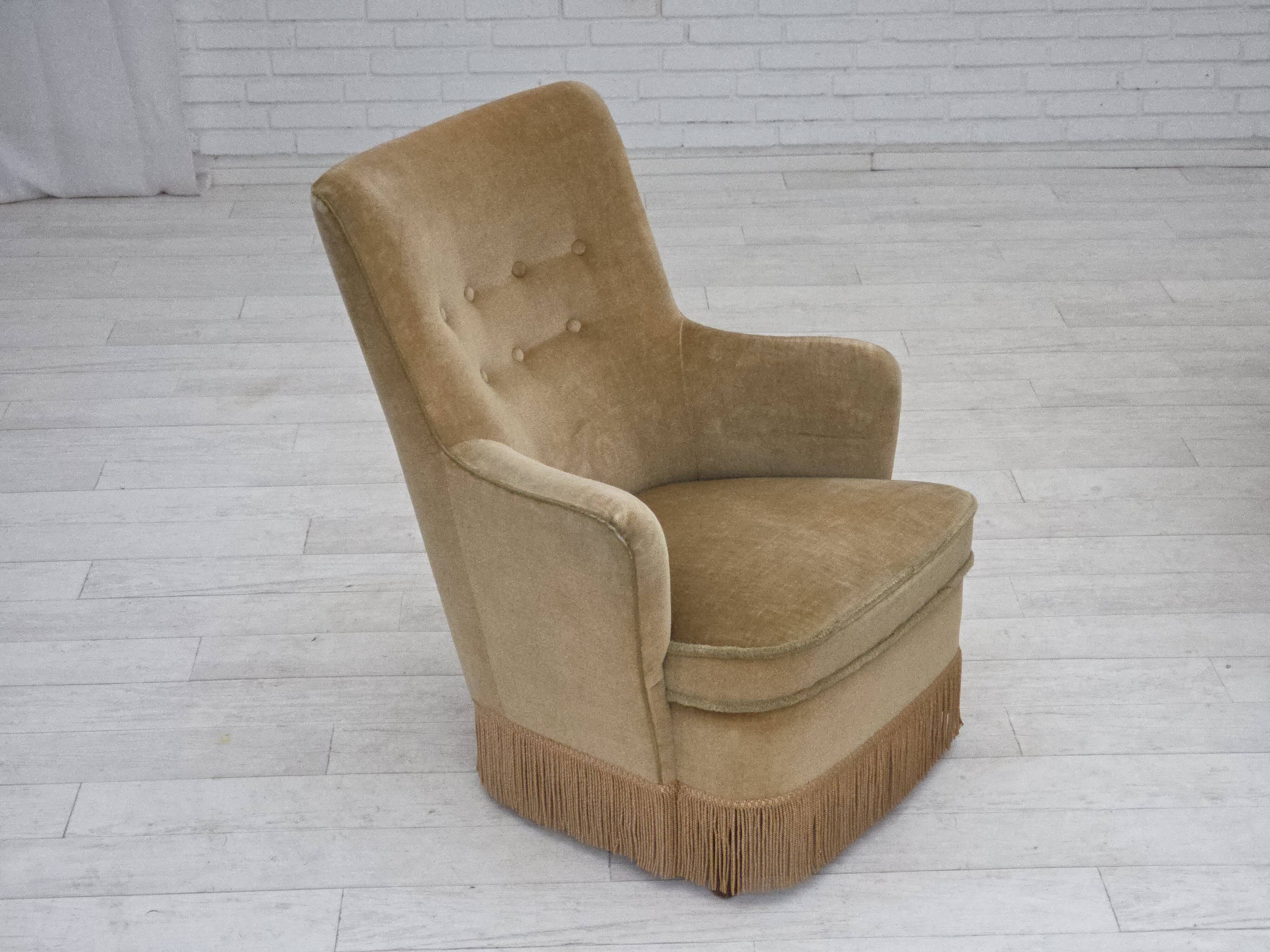 1970s, Danish armchair., original light green furniture velour.